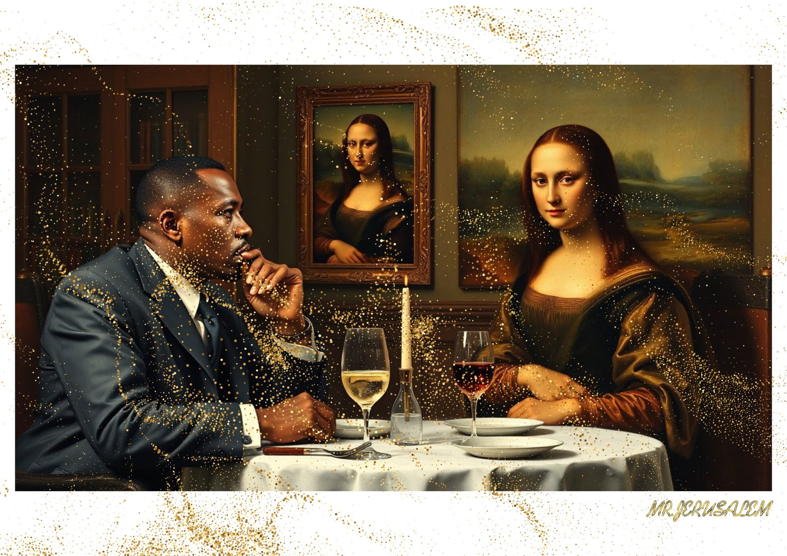 "Mr.Jerusalem, "Malcolm X having dinner with Mona Lisa-D2" "Original, A2 Poster print, stamped: Original A2 Poster Digital print on paper, Solid Finishing: Classic (250 gsm gloss) Artist Digital signature Stamped / seal Watermark seal Sizes- 420 X594mm Sold unframed