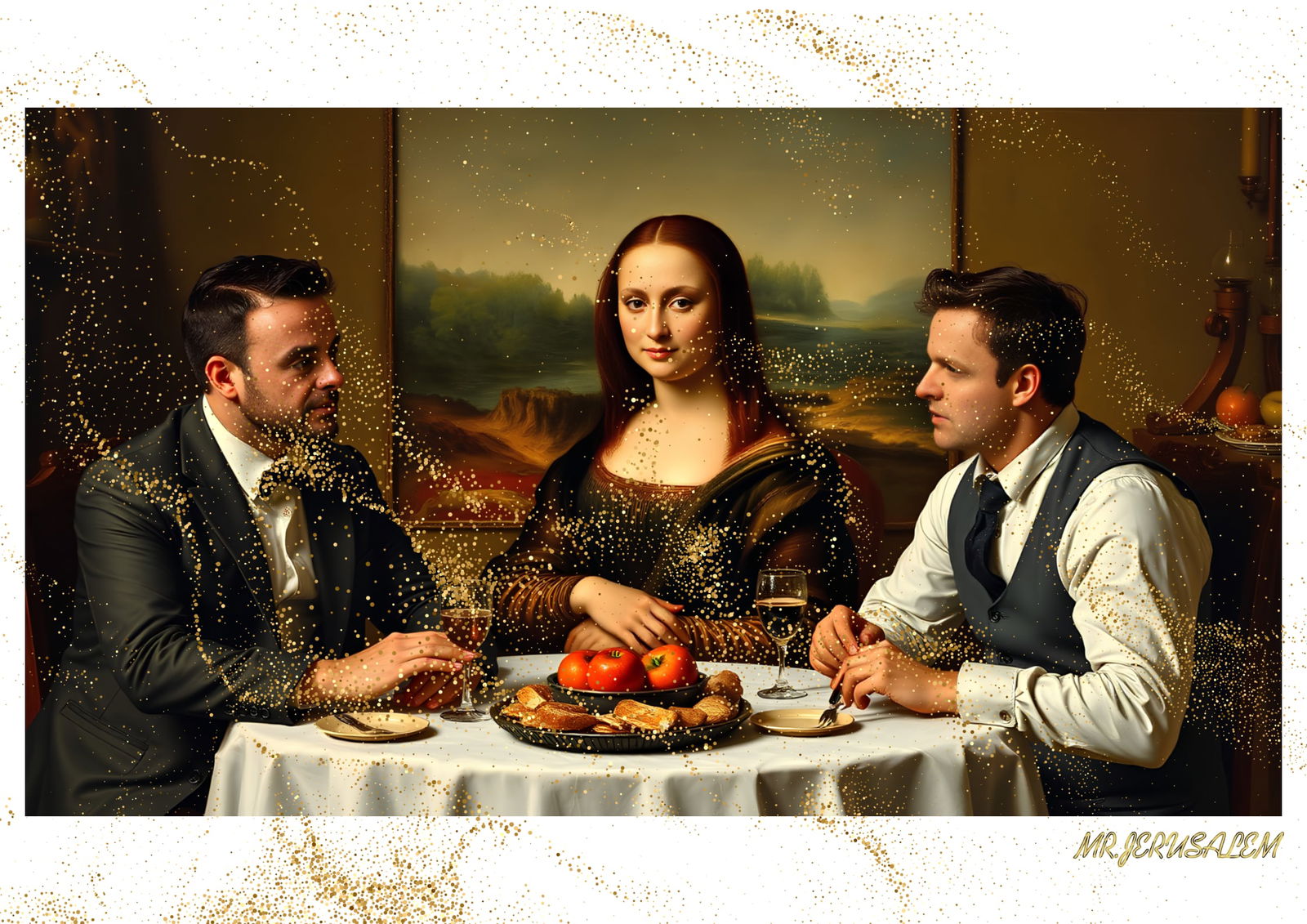 "Mr.Jerusalem, "Ant & Dec having dinner with Mona Lisa-D2" "Original, A2 Poster print, stamped: Original A2 Poster Digital print on paper, Solid Finishing: Classic (250 gsm gloss) Artist Digital signature Stamped / seal Watermark seal Sizes- 420 X594mm Sold unframed