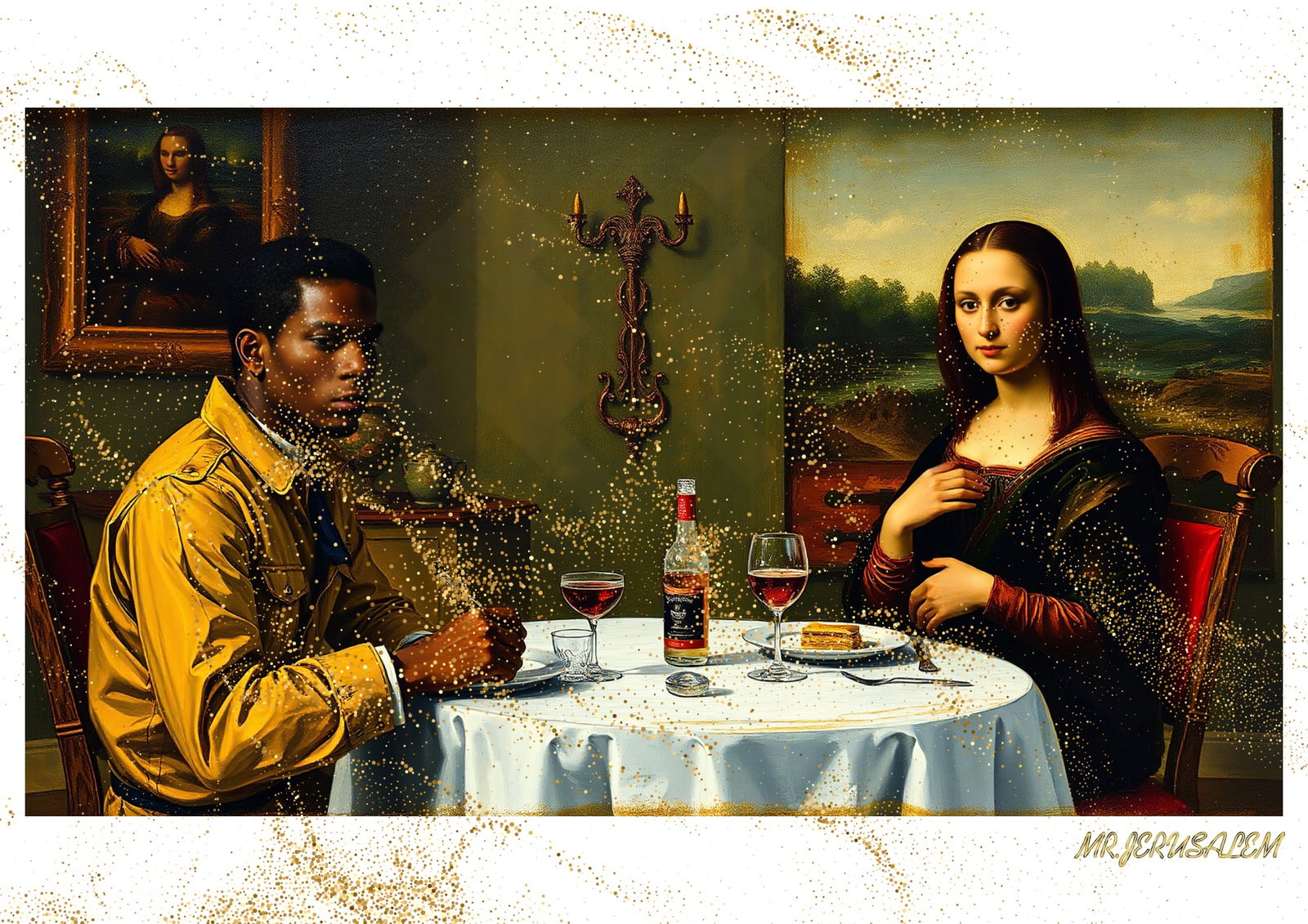 "Mr.Jerusalem, "Jean-Michel Basquiat having dinner with Mona Lisa-D1" "Original, A2 Poster pri: Original A2 Poster Digital print on paper, Solid Finishing: Classic (250 gsm gloss) Artist Digital signature Stamped / seal Watermark seal Sizes- 420 X594mm Sold unframed