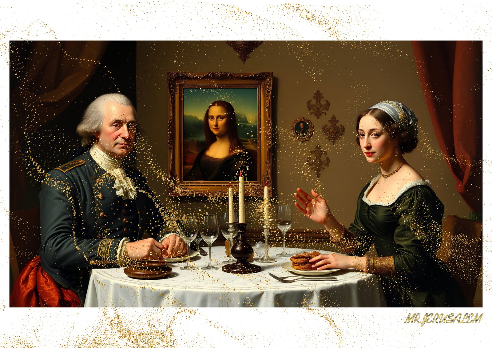 "Mr.Jerusalem, "George Washington having dinner with Mona Lisa-D2" "Original, A2 Poster print,: Original A2 Poster Digital print on paper, Solid Finishing: Classic (250 gsm gloss) Artist Digital signature Stamped / seal Watermark seal Sizes- 420 X594mm Sold unframed