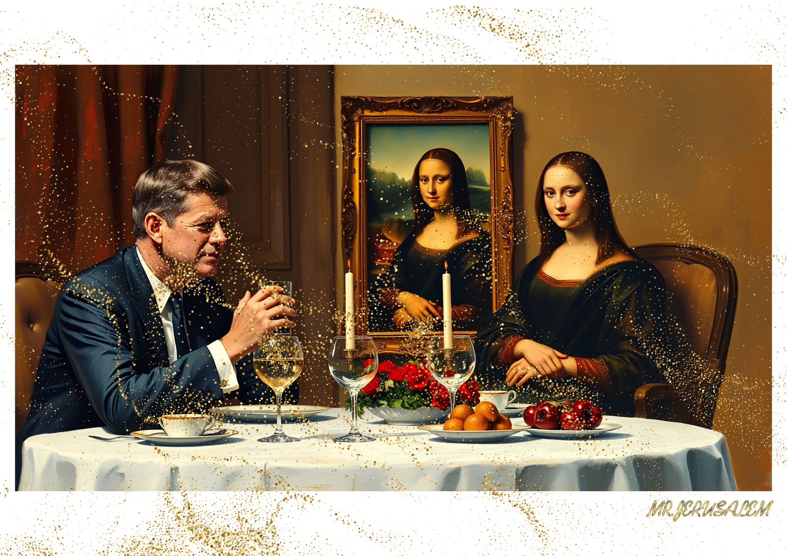 "Mr.Jerusalem, "John F. Kennedy having dinner with Mona Lisa-D1" "Original, A2 Poster print, s: Original A2 Poster Digital print on paper, Solid Finishing: Classic (250 gsm gloss) Artist Digital signature Stamped / seal Watermark seal Sizes- 420 X594mm Sold unframed
