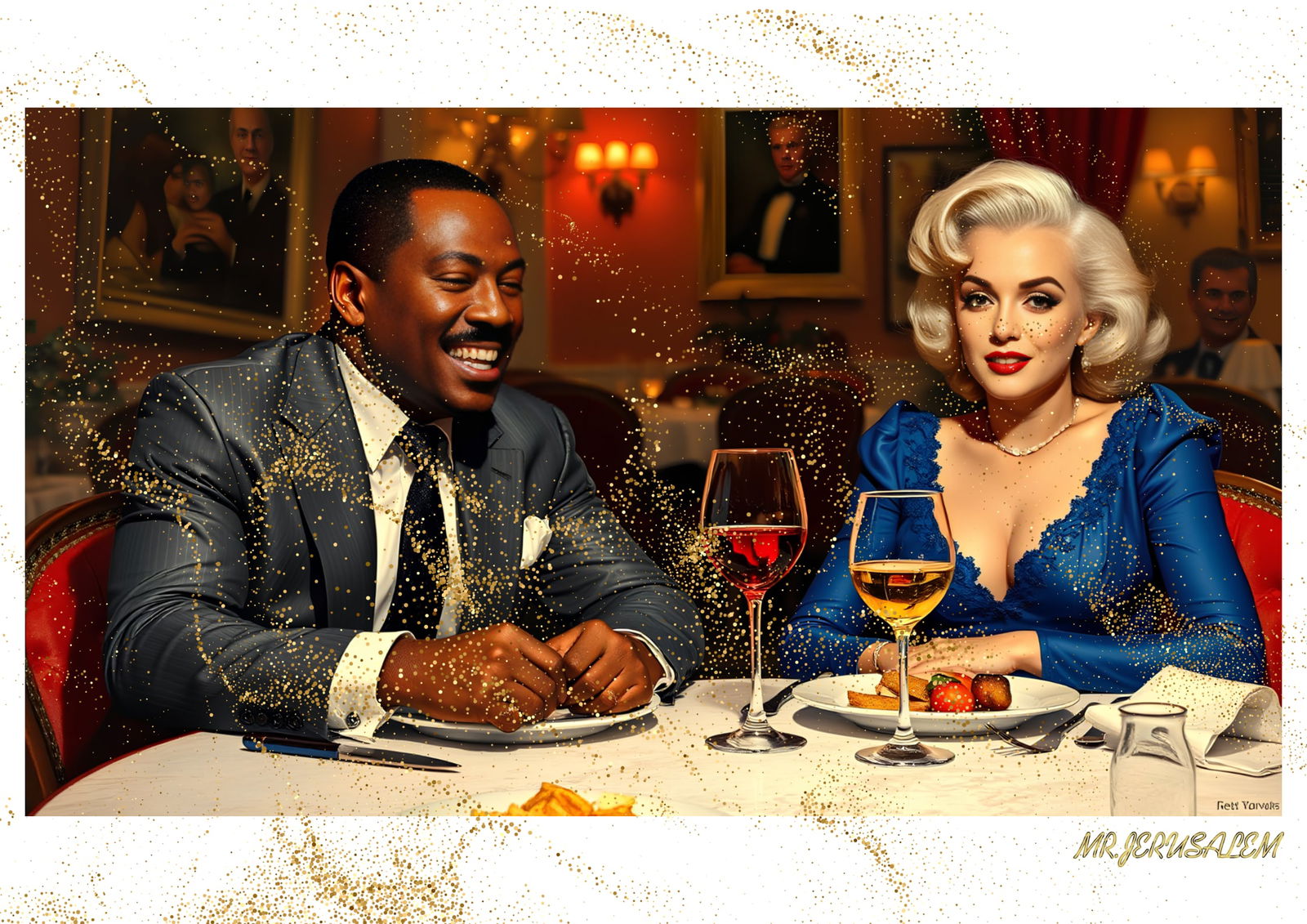 "Mr.Jerusalem, "Eddie Murphy having dinner with Marilyn Monroe-D1" "Original, A2 Poster print,: Original A2 Poster Digital print on paper, Solid Finishing: Classic (250 gsm gloss) Artist Digital signature Stamped / seal Watermark seal Sizes- 420 X594mm Sold unframed