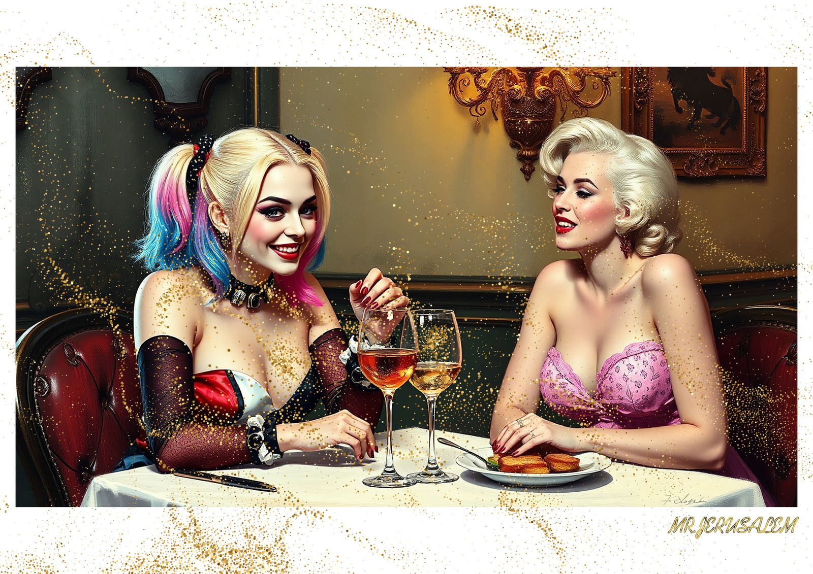 "Mr.Jerusalem, "Harley Quinn having dinner with Marilyn Monroe-D2" "Original, A2 Poster print,: Original A2 Poster Digital print on paper, Solid Finishing: Classic (250 gsm gloss) Artist Digital signature Stamped / seal Watermark seal Sizes- 420 X594mm Sold unframed