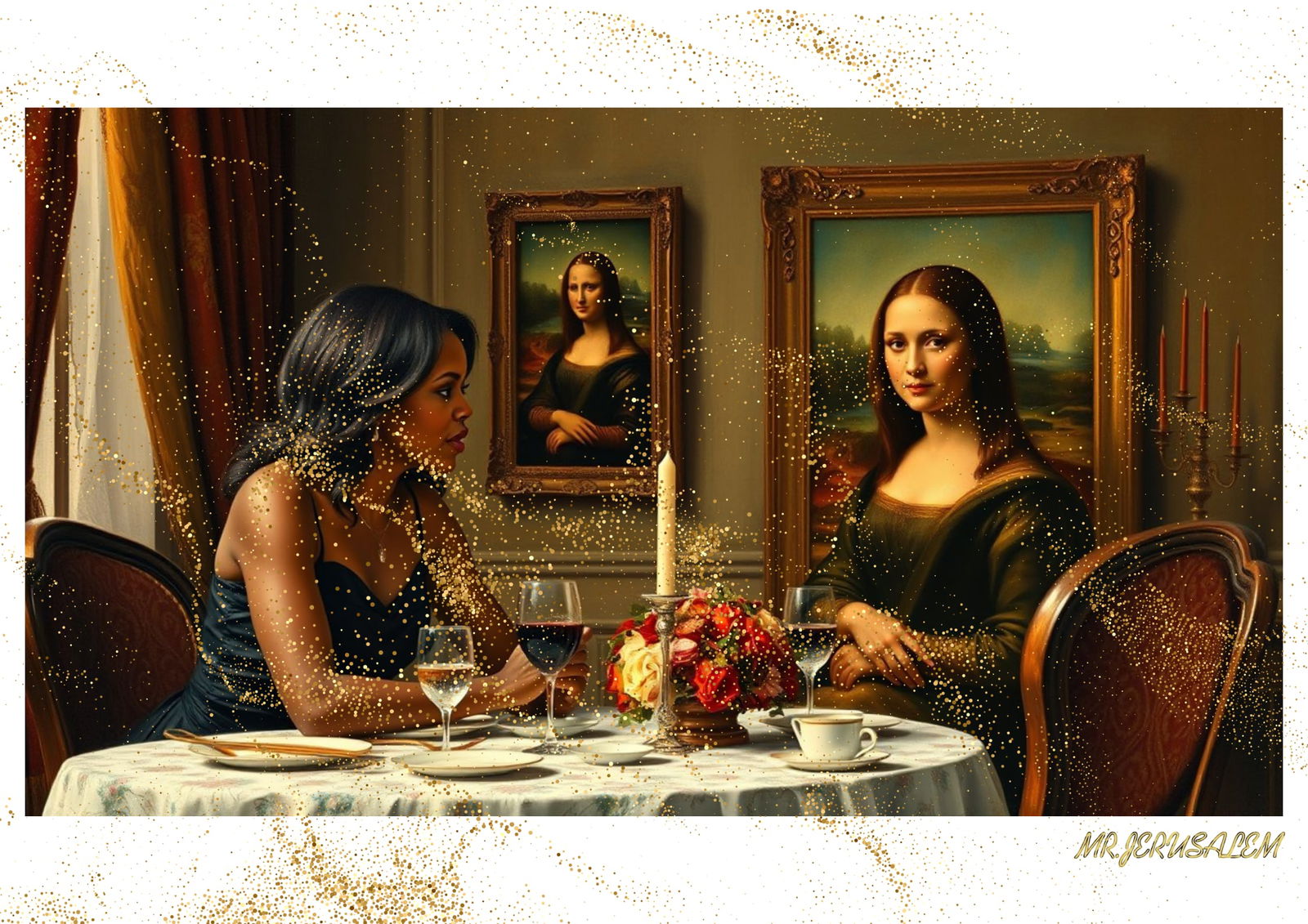 "Mr.Jerusalem, "Michelle Obama having dinner with Mona Lisa-D2" "Original, A2 Poster print, st: Original A2 Poster Digital print on paper, Solid Finishing: Classic (250 gsm gloss) Artist Digital signature Stamped / seal Watermark seal Sizes- 420 X594mm Sold unframed