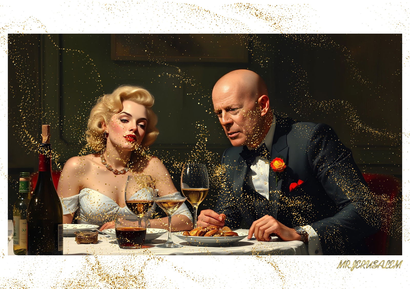 "Mr.Jerusalem, "Bruce Willis having dinner with Marilyn Monroe-D1" "Original, A2 Poster print,: Original A2 Poster Digital print on paper, Solid Finishing: Classic (250 gsm gloss) Artist Digital signature Stamped / seal Watermark seal Sizes- 420 X594mm Sold unframed