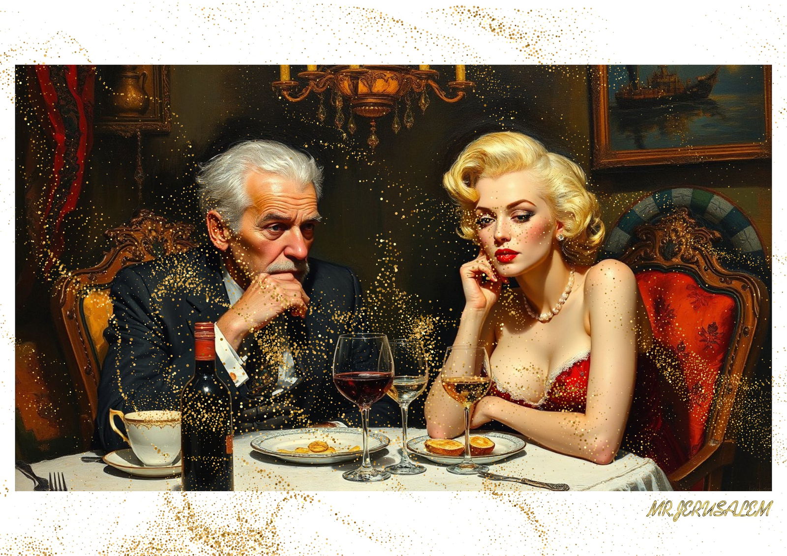 "Mr.Jerusalem, "Max Ernst having dinner with Marilyn Monroe-D2" "Original, A2 Poster print, st: Original A2 Poster Digital print on paper, Solid Finishing: Classic (250 gsm gloss) Artist Digital signature Stamped / seal Watermark seal Sizes- 420 X594mm Sold unframed