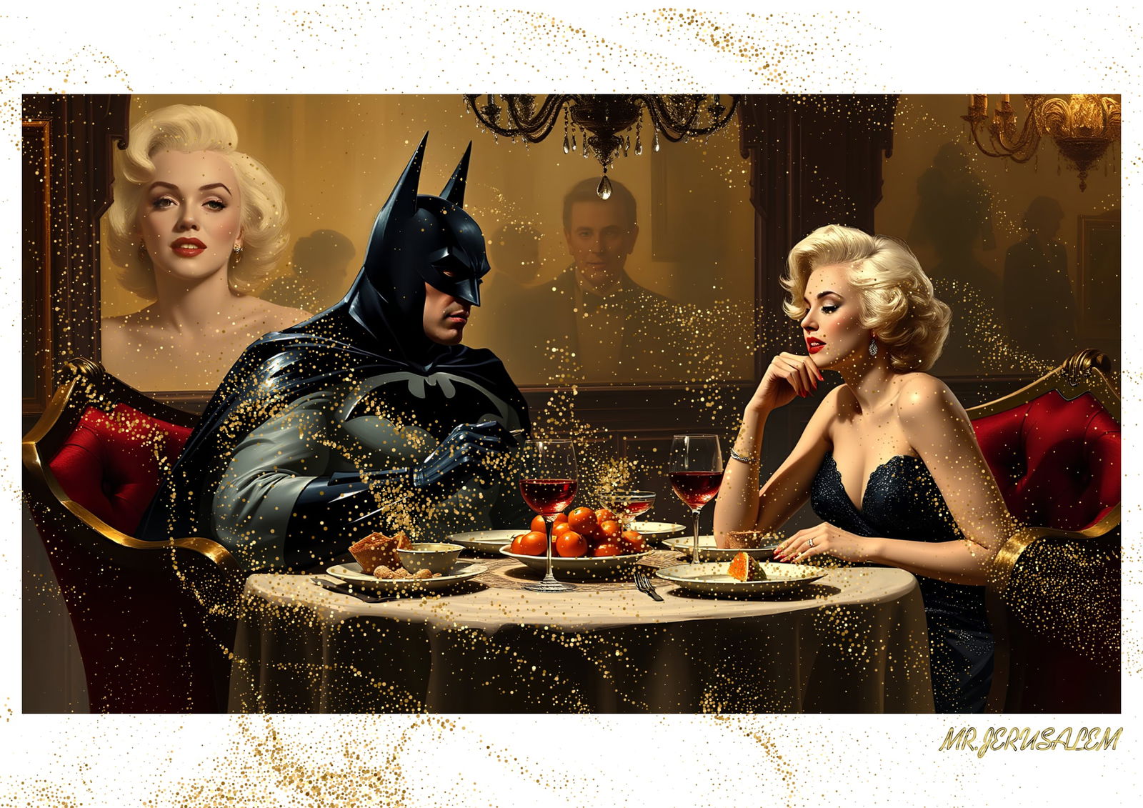 "Mr.Jerusalem, "Batman having dinner with Marilyn Monroe-D1" "Original, A2 Poster print, stamp: Original A2 Poster Digital print on paper, Solid Finishing: Classic (250 gsm gloss) Artist Digital signature Stamped / seal Watermark seal Sizes- 420 X594mm Sold unframed