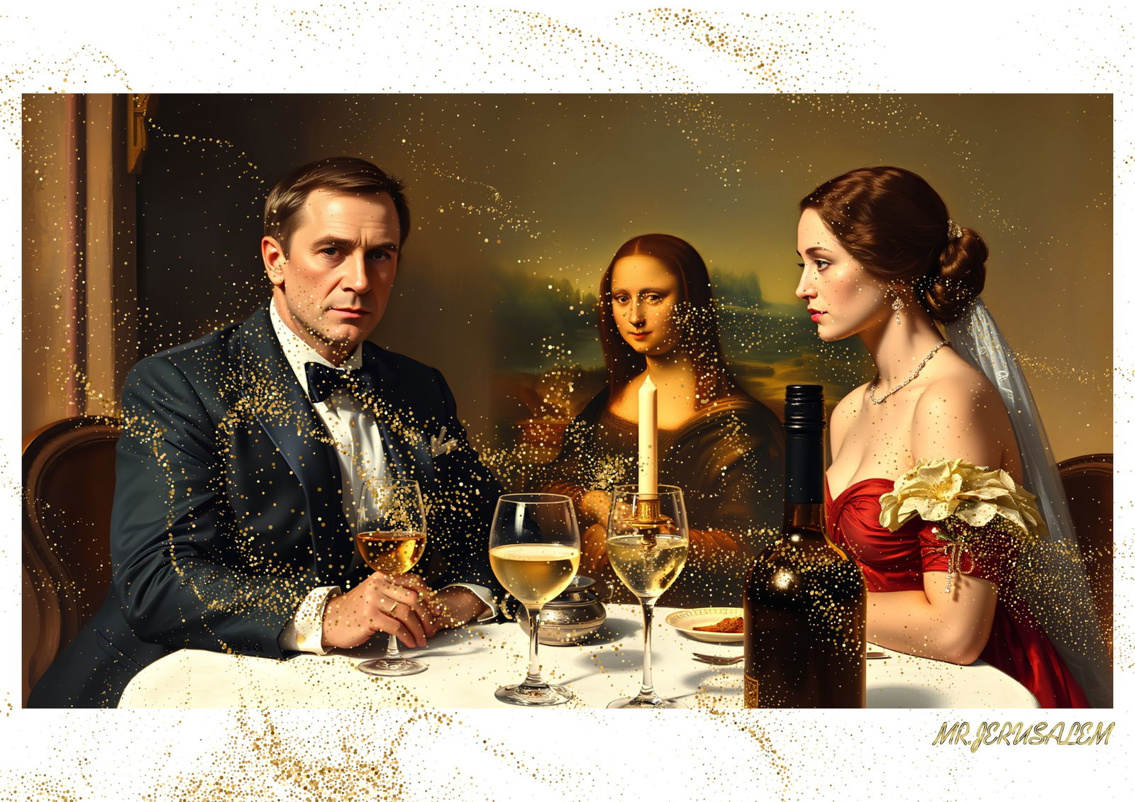 "Mr.Jerusalem, "James Bond having dinner with Mona Lisa-D1" "Original, A2 Poster print, stampe: Original A2 Poster Digital print on paper, Solid Finishing: Classic (250 gsm gloss) Artist Digital signature Stamped / seal Watermark seal Sizes- 420 X594mm Sold unframed