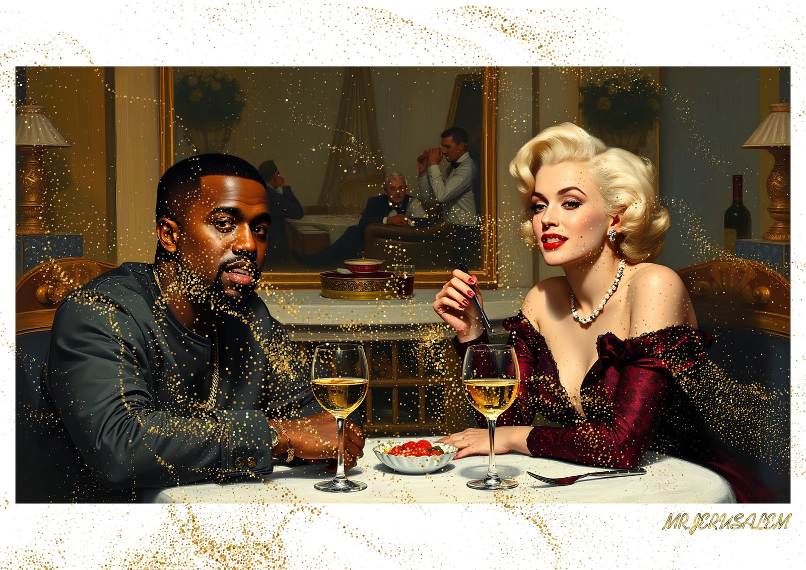 "Mr.Jerusalem, "Kanye West having dinner with Marilyn Monroe-D2" "Original, A2 Poster print, s: Original A2 Poster Digital print on paper, Solid Finishing: Classic (250 gsm gloss) Artist Digital signature Stamped / seal Watermark seal Sizes- 420 X594mm Sold unframed