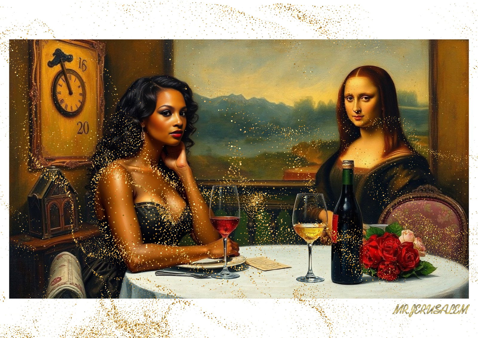 "Mr.Jerusalem, "Alesha Dixon having dinner with Mona Lisa-D1" "Original, A2 Poster print, stam: Original A2 Poster Digital print on paper, Solid Finishing: Classic (250 gsm gloss) Artist Digital signature Stamped / seal Watermark seal Sizes- 420 X594mm Sold unframed