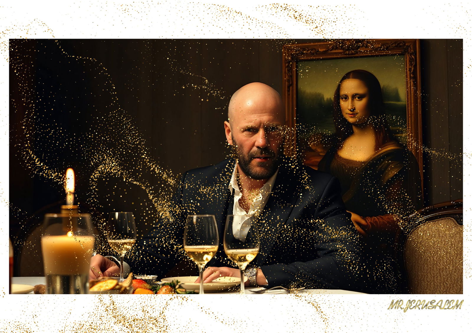 "Mr.Jerusalem, "Jason Statham having dinner with Mona Lisa-D1" "Original, A2 Poster print, sta: Original A2 Poster Digital print on paper, Solid Finishing: Classic (250 gsm gloss) Artist Digital signature Stamped / seal Watermark seal Sizes- 420 X594mm Sold unframed