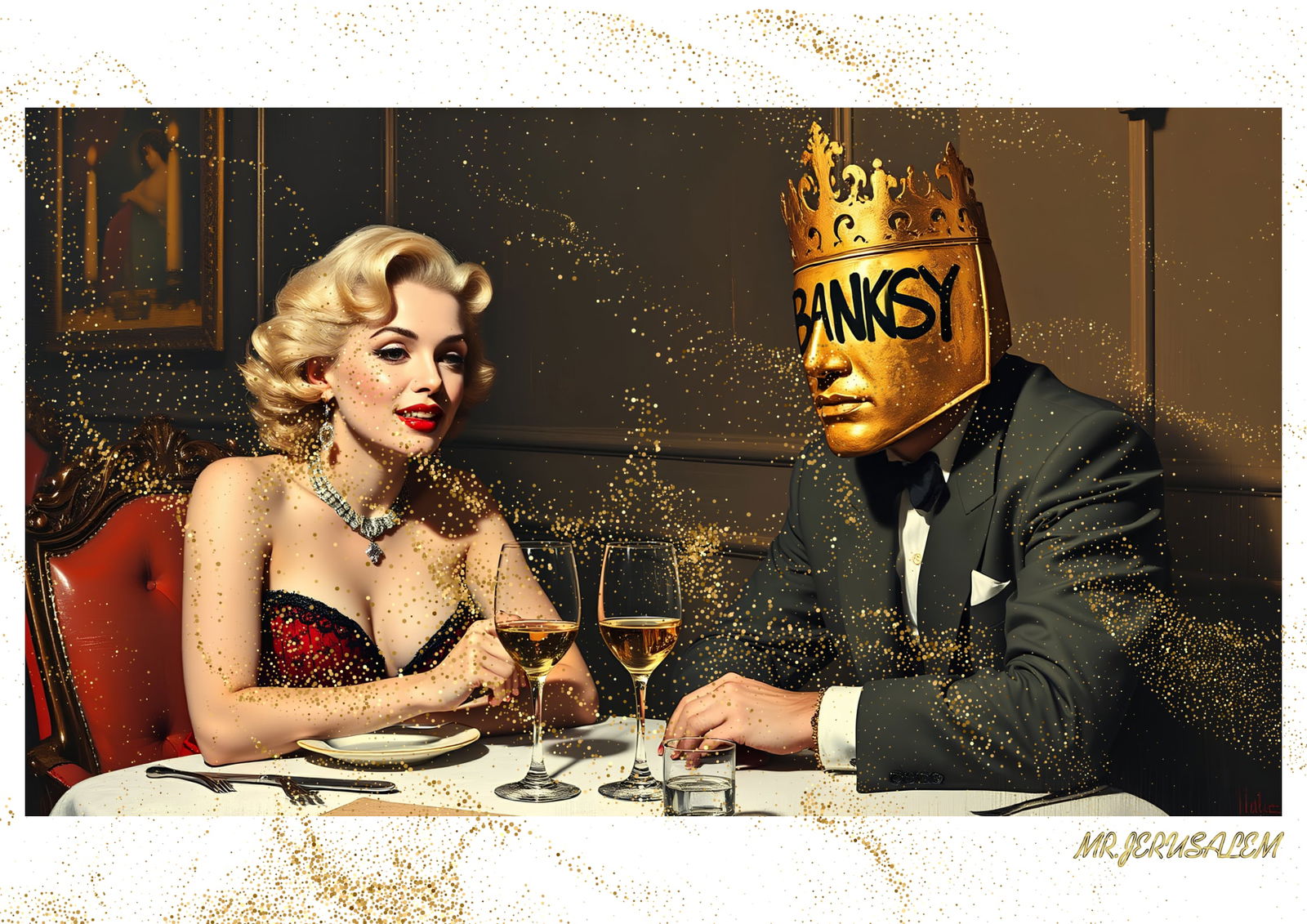 "Mr.Jerusalem, "Banksy having dinner with Marilyn Monroe-D1" "Original, A2 Poster print, stamp: Original A2 Poster Digital print on paper, Solid Finishing: Classic (250 gsm gloss) Artist Digital signature Stamped / seal Watermark seal Sizes- 420 X594mm Sold unframed