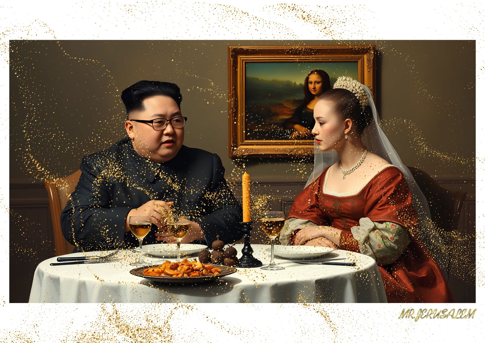 "Mr.Jerusalem, "Kim Jong Un having dinner with Mona Lisa-D2" "Original, A2 Poster print, stamp: Original A2 Poster Digital print on paper, Solid Finishing: Classic (250 gsm gloss) Artist Digital signature Stamped / seal Watermark seal Sizes- 420 X594mm Sold unframed