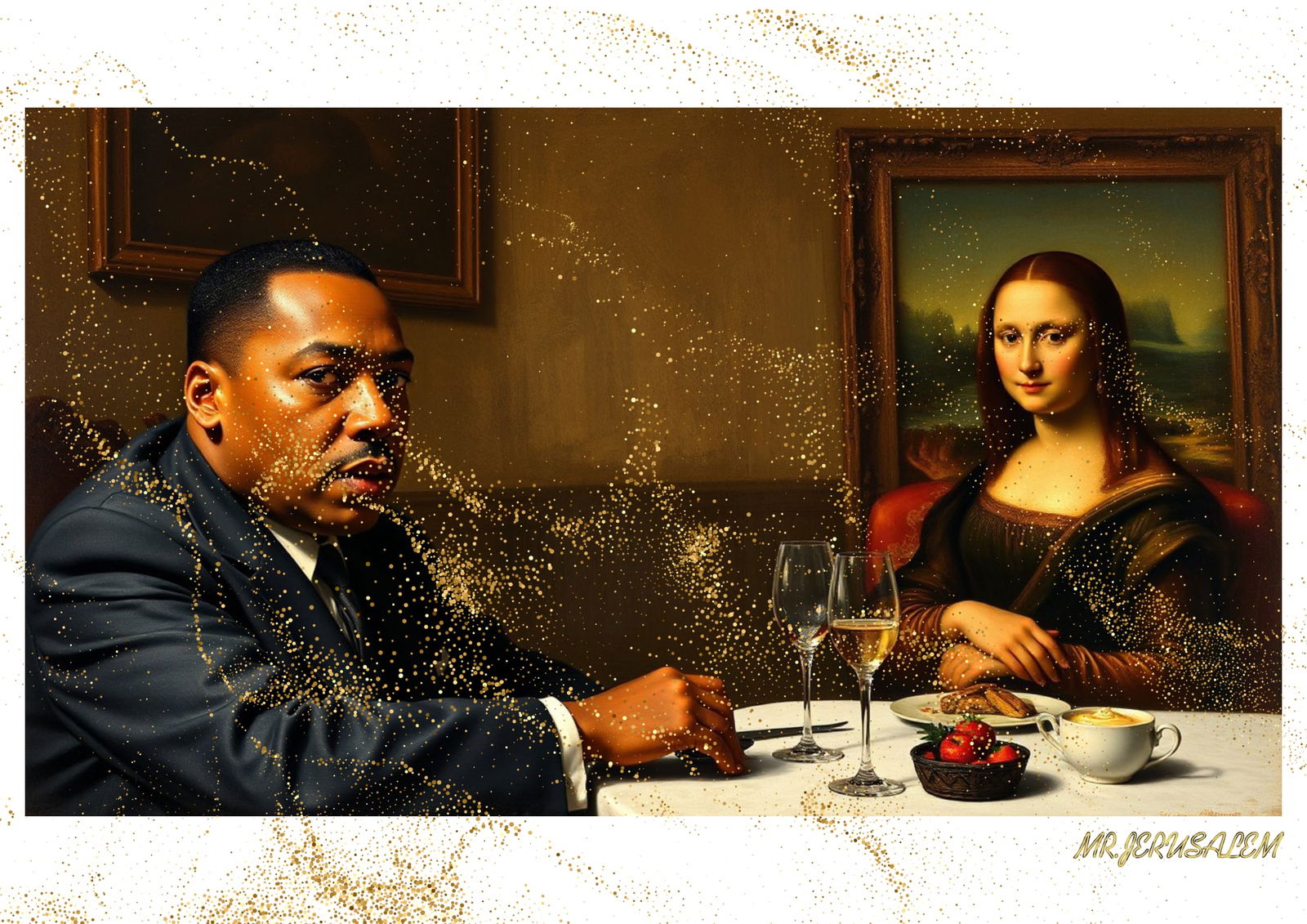 "Mr.Jerusalem, "Martin Luther King having dinner with Mona Lisa-D1" "Original, A2 Poster print: Original A2 Poster Digital print on paper, Solid Finishing: Classic (250 gsm gloss) Artist Digital signature Stamped / seal Watermark seal Sizes- 420 X594mm Sold unframed