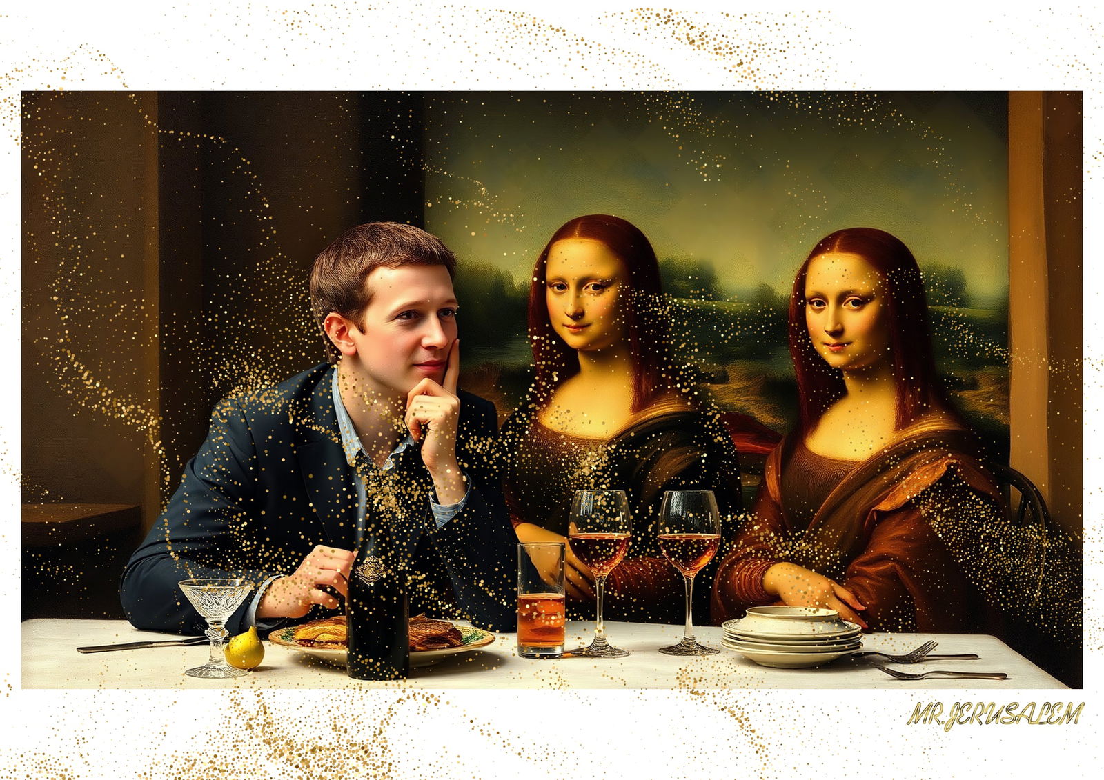 "Mr.Jerusalem, "Mark Zuckerberg having dinner with Mona Lisa-D1" "Original, A2 Poster print, s: Original A2 Poster Digital print on paper, Solid Finishing: Classic (250 gsm gloss) Artist Digital signature Stamped / seal Watermark seal Sizes- 420 X594mm Sold unframed