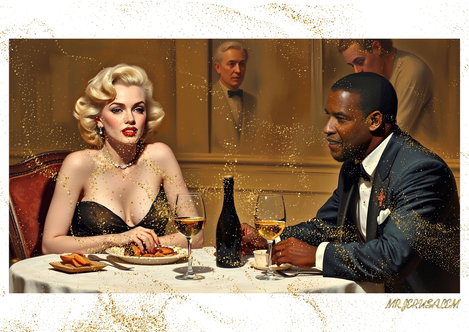 "Mr.Jerusalem, "Denzel Washington having dinner with Marilyn Monroe-D1" "Original, A2 Poster p: Original A2 Poster Digital print on paper, Solid Finishing: Classic (250 gsm gloss) Artist Digital signature Stamped / seal Watermark seal Sizes- 420 X594mm Sold unframed