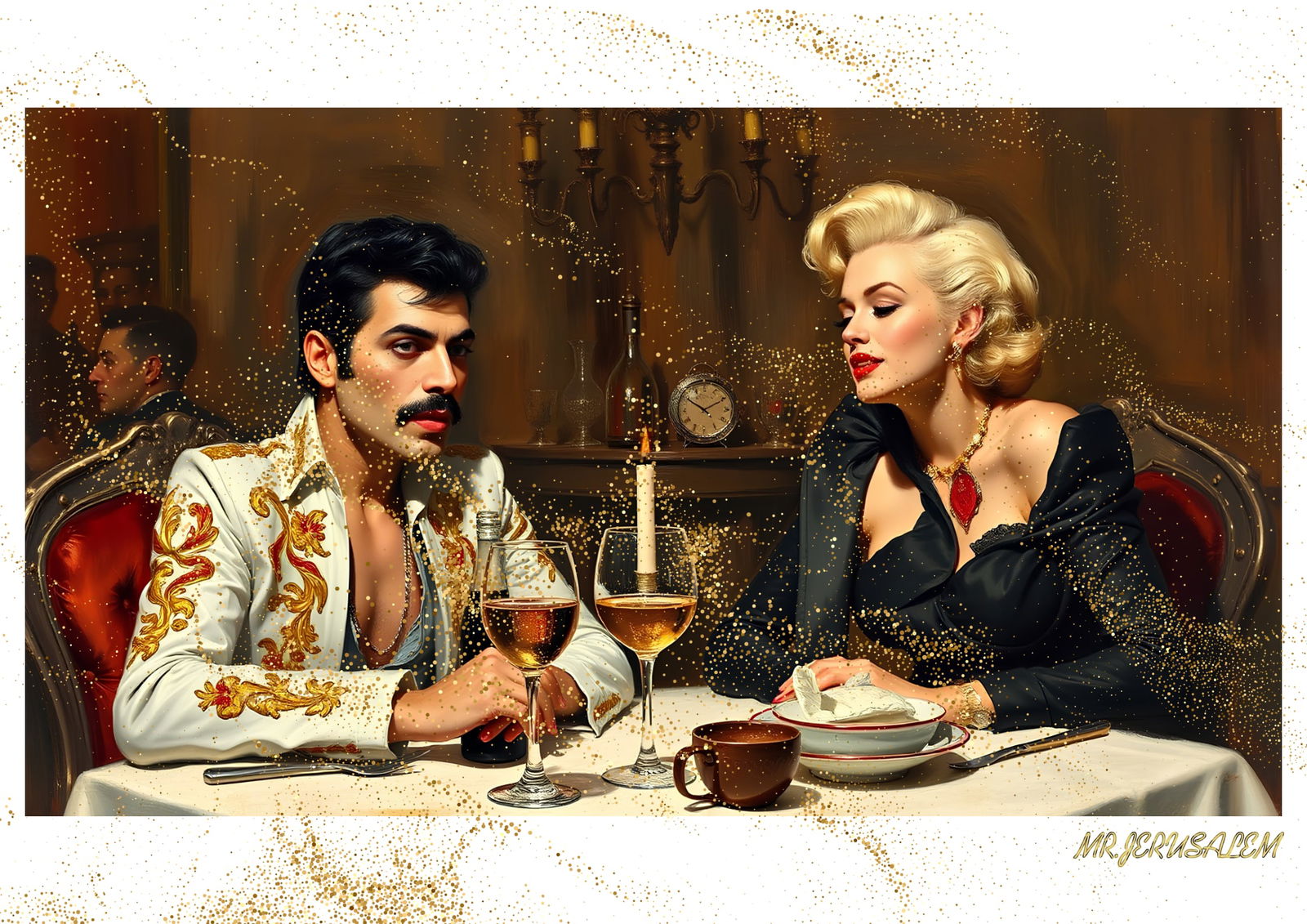 "Mr.Jerusalem, "Freddie Mercury having dinner with Marilyn Monroe-D2" "Original, A2 Poster pri: Original A2 Poster Digital print on paper, Solid Finishing: Classic (250 gsm gloss) Artist Digital signature Stamped / seal Watermark seal Sizes- 420 X594mm Sold unframed