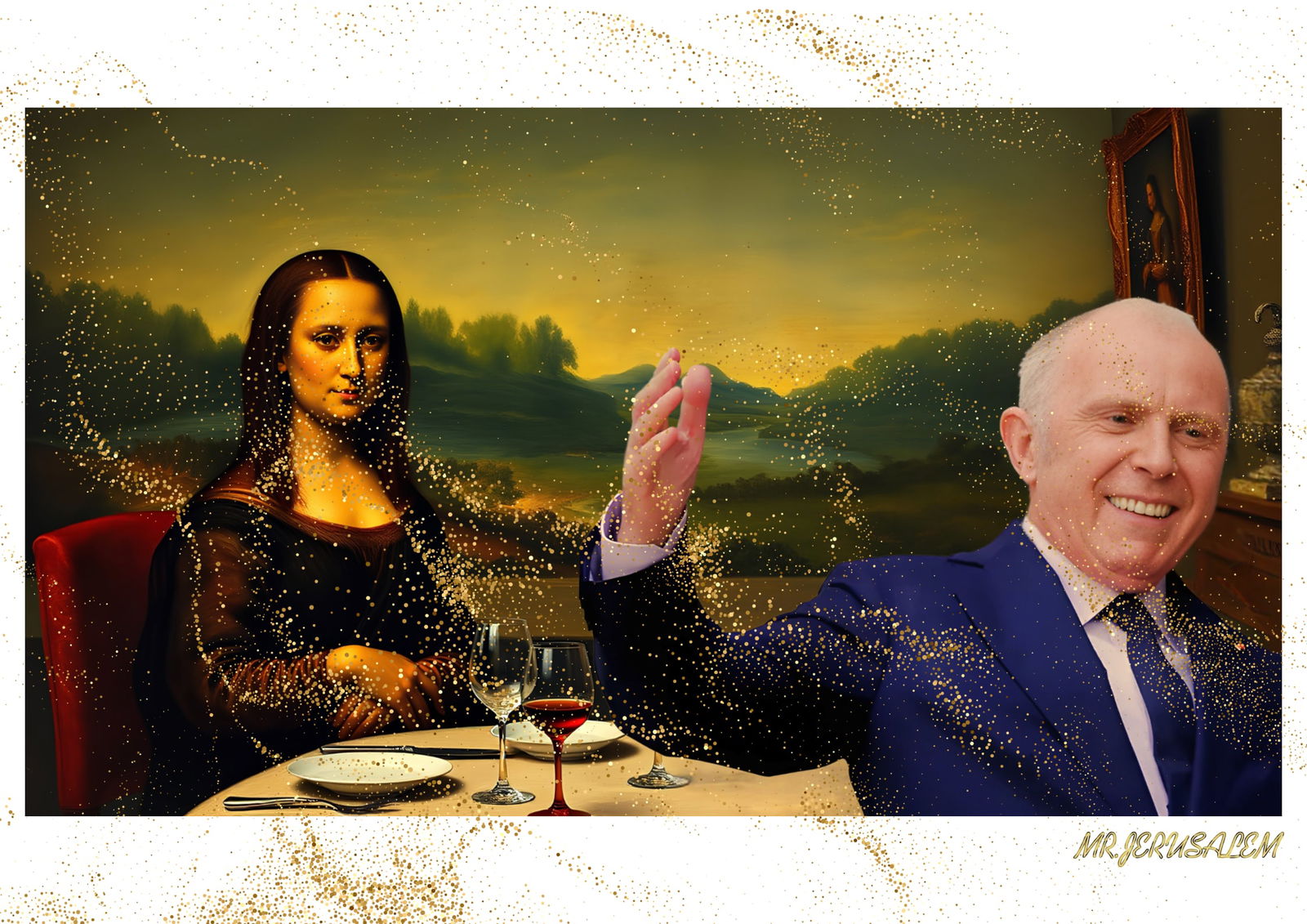 "Mr.Jerusalem, "Francois Pinault having dinner with Mona Lisa-D1" "Original, A2 Poster print, : Original A2 Poster Digital print on paper, Solid Finishing: Classic (250 gsm gloss) Artist Digital signature Stamped / seal Watermark seal Sizes- 420 X594mm Sold unframed