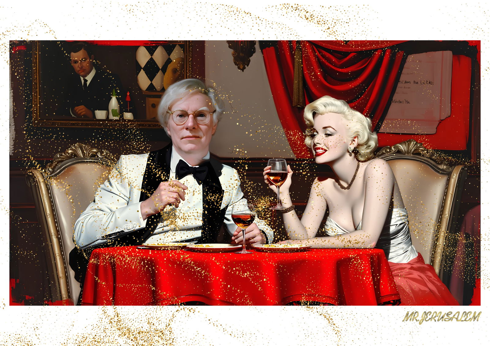 "Mr.Jerusalem, "Andy Warhol having dinner with Marilyn Monroe-D1" "Original, A2 Poster print, : Original A2 Poster Digital print on paper, Solid Finishing: Classic (250 gsm gloss) Artist Digital signature Stamped / seal Watermark seal Sizes- 420 X594mm Sold unframed