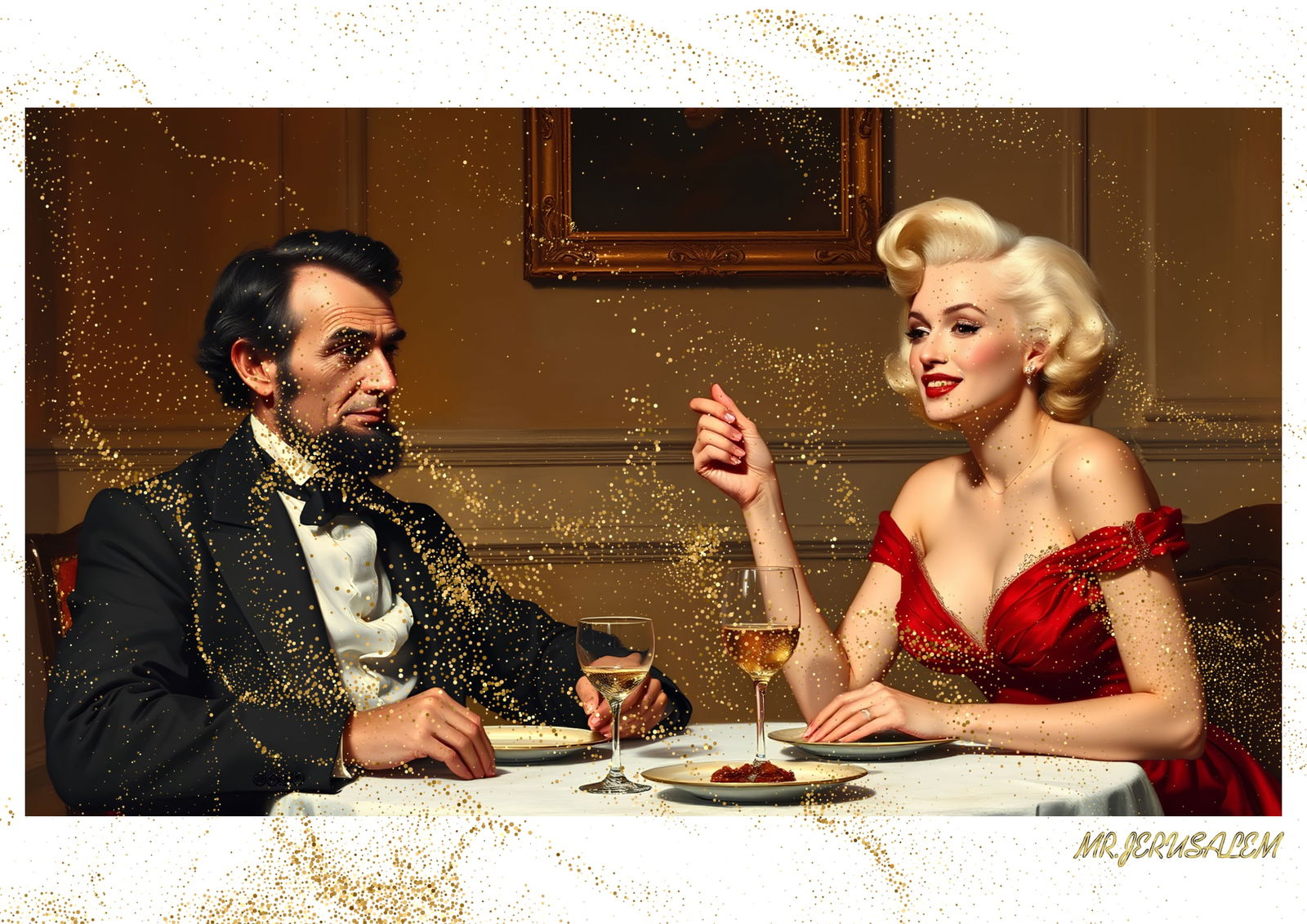 "Mr.Jerusalem, "Abraham Lincoln having dinner with Marilyn Monroe-D2" "Original, A2 Poster pri: Original A2 Poster Digital print on paper, Solid Finishing: Classic (250 gsm gloss) Artist Digital signature Stamped / seal Watermark seal Sizes- 420 X594mm Sold unframed