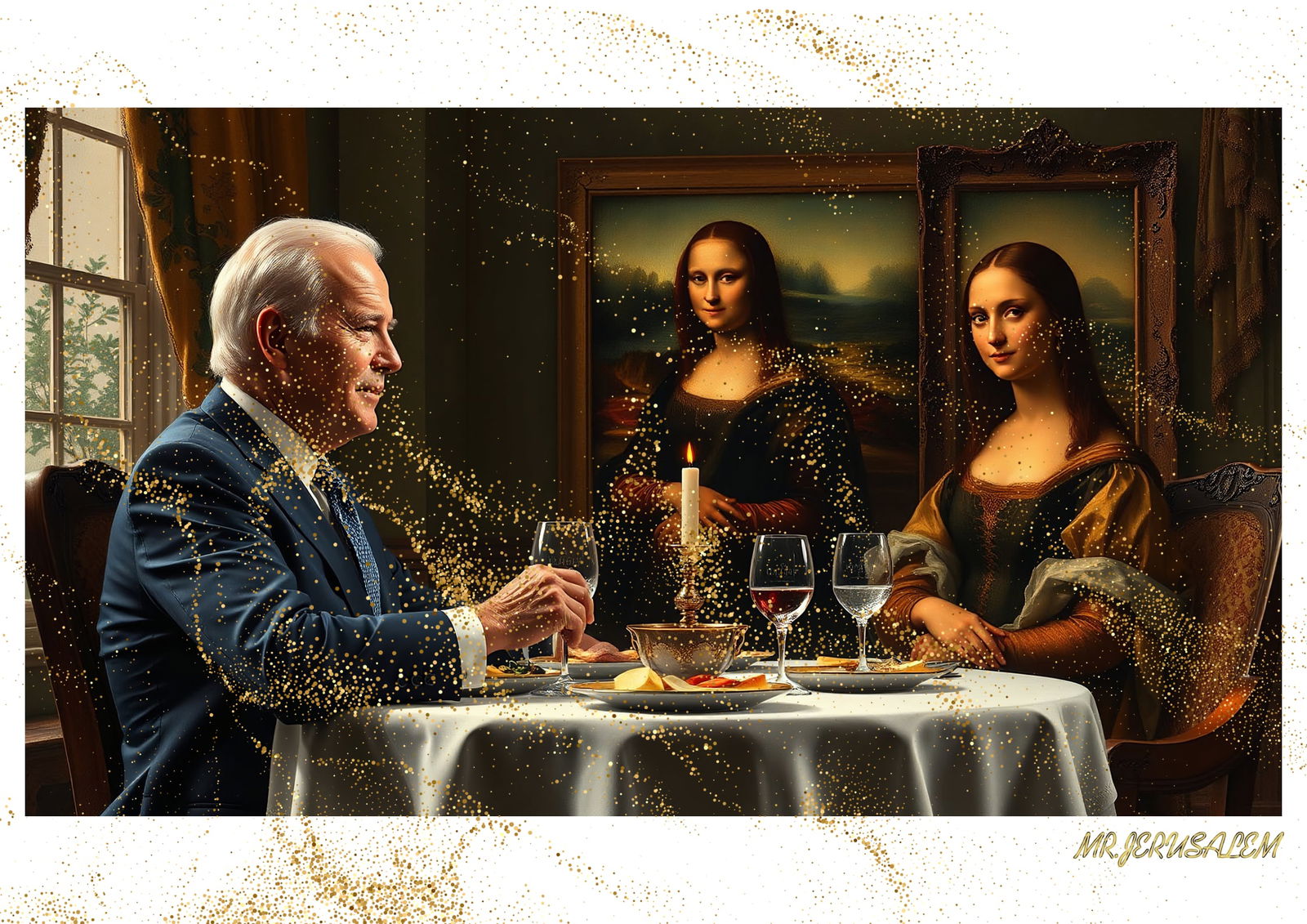 "Mr.Jerusalem, "Joe Biden having dinner with Mona Lisa-D2" "Original, A2 Poster print, stamped: Original A2 Poster Digital print on paper, Solid Finishing: Classic (250 gsm gloss) Artist Digital signature Stamped / seal Watermark seal Sizes- 420 X594mm Sold unframed