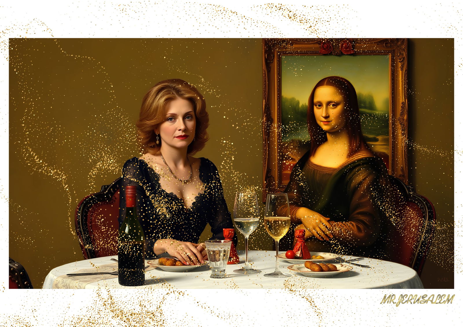"Mr.Jerusalem, "Celine Dion having dinner with Mona Lisa-D1" "Original, A2 Poster print, stamp: Original A2 Poster Digital print on paper, Solid Finishing: Classic (250 gsm gloss) Artist Digital signature Stamped / seal Watermark seal Sizes- 420 X594mm Sold unframed