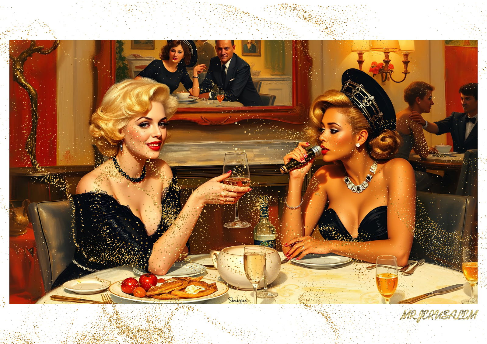 "Mr.Jerusalem, "Beyonce having dinner with Marilyn Monroe-D2" "Original, A2 Poster print, stam: Original A2 Poster Digital print on paper, Solid Finishing: Classic (250 gsm gloss) Artist Digital signature Stamped / seal Watermark seal Sizes- 420 X594mm Sold unframed
