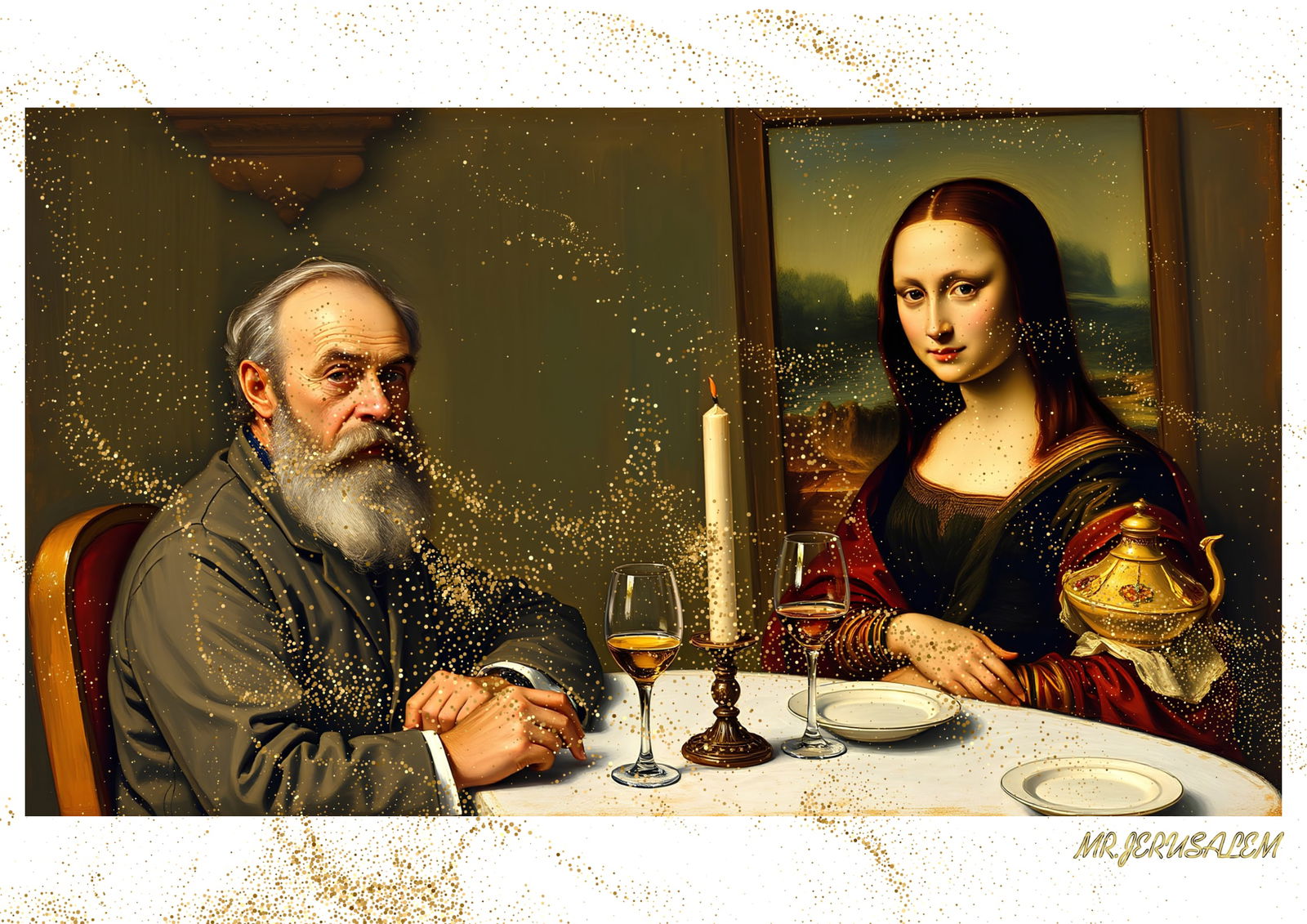 "Mr.Jerusalem, "Henri Mattise having dinner with Mona Lisa-D2" "Original, A2 Poster print, sta: Original A2 Poster Digital print on paper, Solid Finishing: Classic (250 gsm gloss) Artist Digital signature Stamped / seal Watermark seal Sizes- 420 X594mm Sold unframed