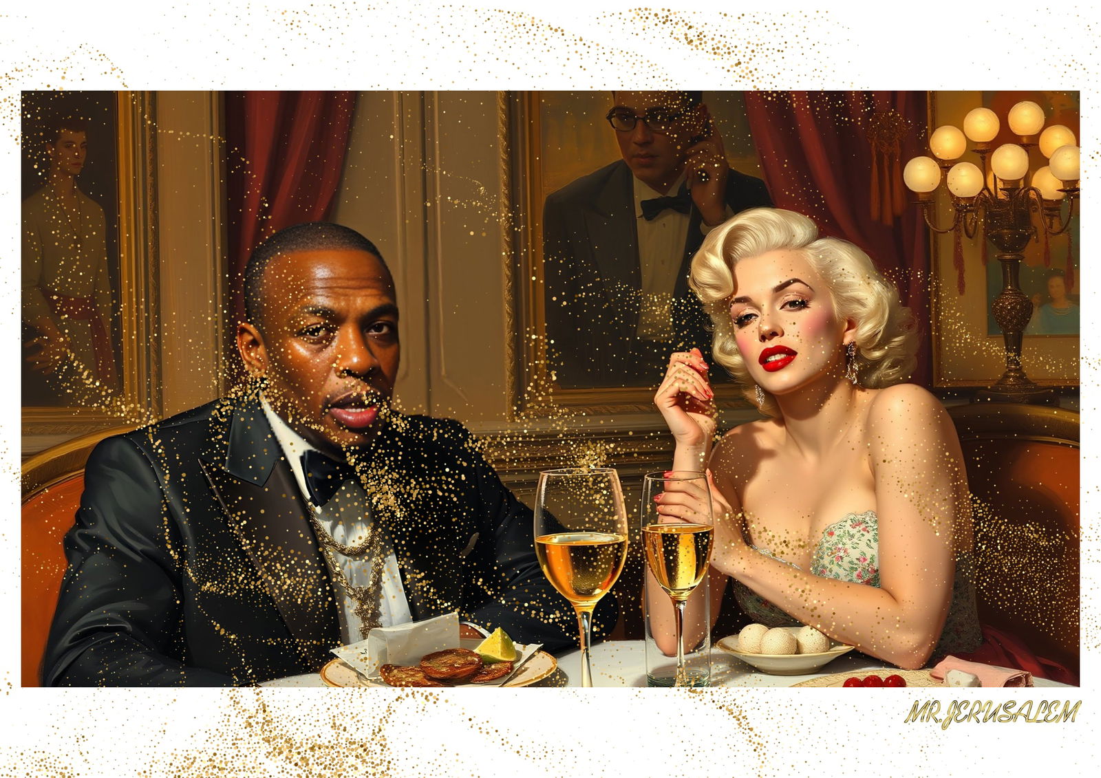 "Mr.Jerusalem, "Dr. Dre having dinner with Marilyn Monroe-D2" "Original, A2 Poster print, stam: Original A2 Poster Digital print on paper, Solid Finishing: Classic (250 gsm gloss) Artist Digital signature Stamped / seal Watermark seal Sizes- 420 X594mm Sold unframed