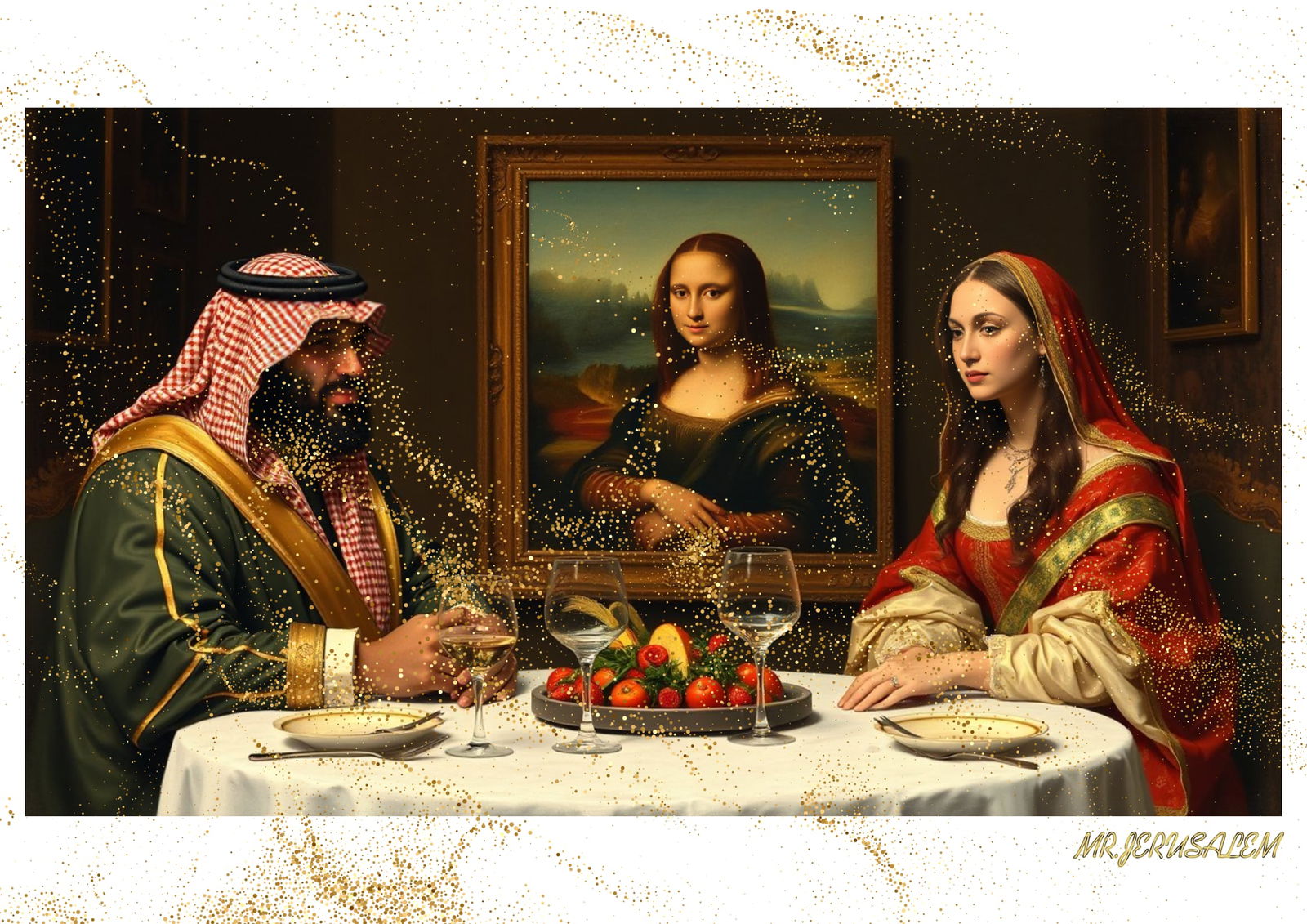 "Mr.Jerusalem, "Mohammad Bin Salman having dinner with Mona Lisa-D2" "Original, A2 Poster prin: Original A2 Poster Digital print on paper, Solid Finishing: Classic (250 gsm gloss) Artist Digital signature Stamped / seal Watermark seal Sizes- 420 X594mm Sold unframed