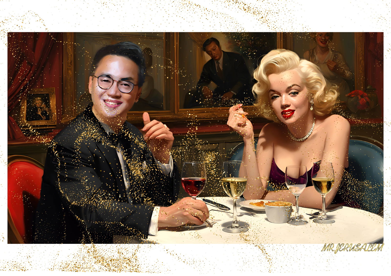 "Mr.Jerusalem, "Adrian Cheng having dinner with Marilyn Monroe-D1" "Original, A2 Poster print,: Original A2 Poster Digital print on paper, Solid Finishing: Classic (250 gsm gloss) Artist Digital signature Stamped / seal Watermark seal Sizes- 420 X594mm Sold unframed