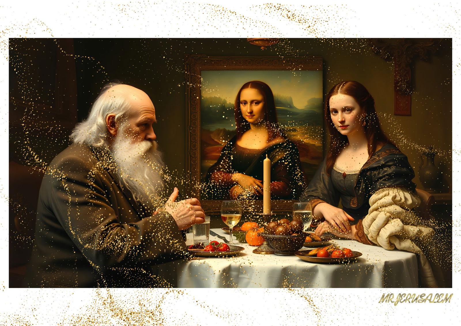 "Mr.Jerusalem, "Charles Darwin having dinner with Mona Lisa-D2" "Original, A2 Poster print, st: Original A2 Poster Digital print on paper, Solid Finishing: Classic (250 gsm gloss) Artist Digital signature Stamped / seal Watermark seal Sizes- 420 X594mm Sold unframed