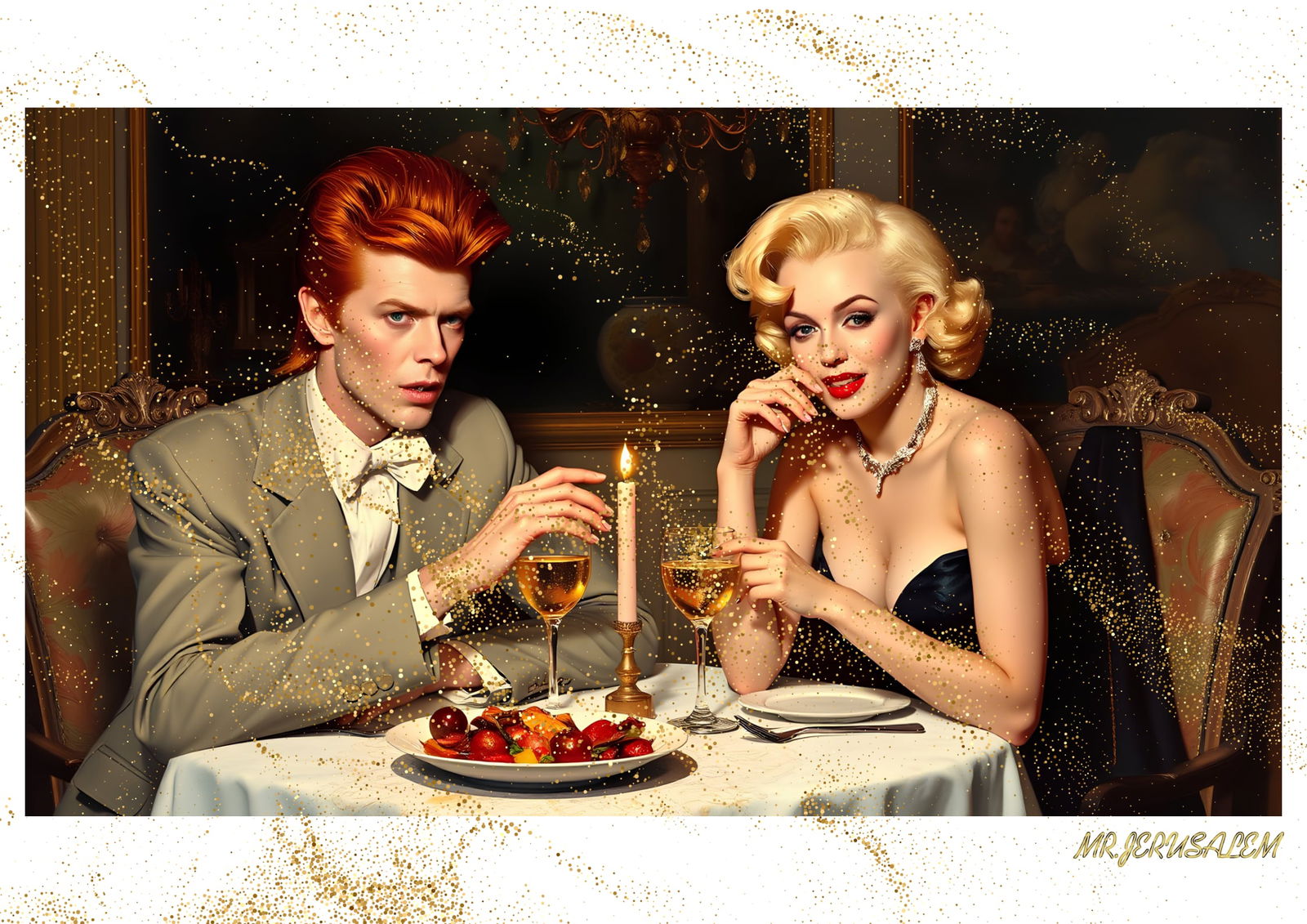 "Mr.Jerusalem, "David Bowie having dinner with Marilyn Monroe-D1" "Original, A2 Poster print, : Original A2 Poster Digital print on paper, Solid Finishing: Classic (250 gsm gloss) Artist Digital signature Stamped / seal Watermark seal Sizes- 420 X594mm Sold unframed