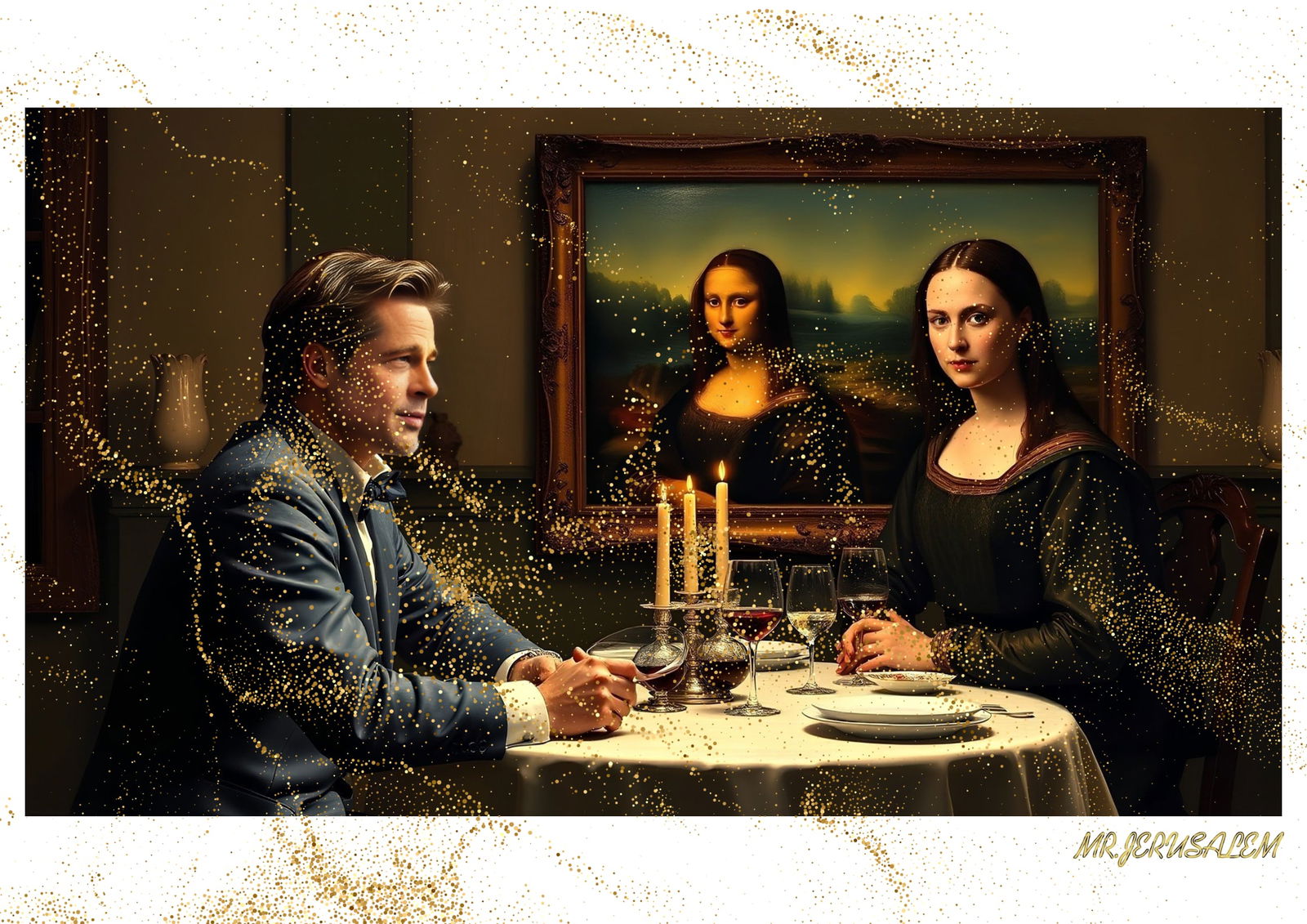 "Mr.Jerusalem, "Brad Pitt having dinner with Mona Lisa-D2" "Original, A2 Poster print, stamped: Original A2 Poster Digital print on paper, Solid Finishing: Classic (250 gsm gloss) Artist Digital signature Stamped / seal Watermark seal Sizes- 420 X594mm Sold unframed
