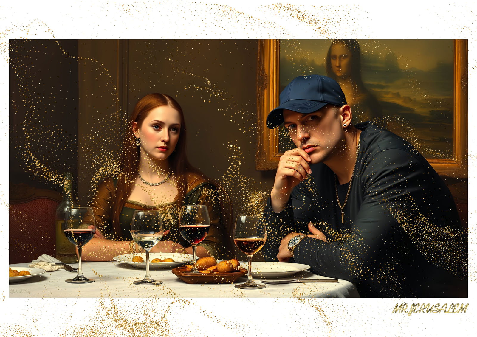 "Mr.Jerusalem, "Eminem having dinner with Mona Lisa-D2" "Original, A2 Poster print, stamped. W: Original A2 Poster Digital print on paper, Solid Finishing: Classic (250 gsm gloss) Artist Digital signature Stamped / seal Watermark seal Sizes- 420 X594mm Sold unframed