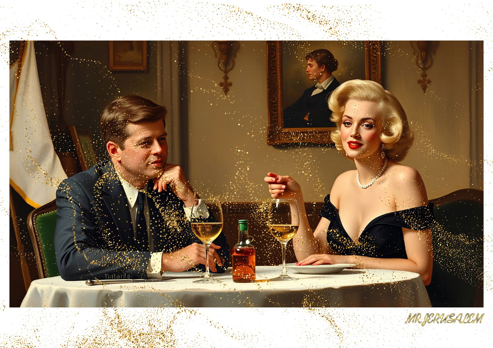 "Mr.Jerusalem, "John F. Kennedy having dinner with Marilyn Monroe-D1" "Original, A2 Poster pri: Original A2 Poster Digital print on paper, Solid Finishing: Classic (250 gsm gloss) Artist Digital signature Stamped / seal Watermark seal Sizes- 420 X594mm Sold unframed