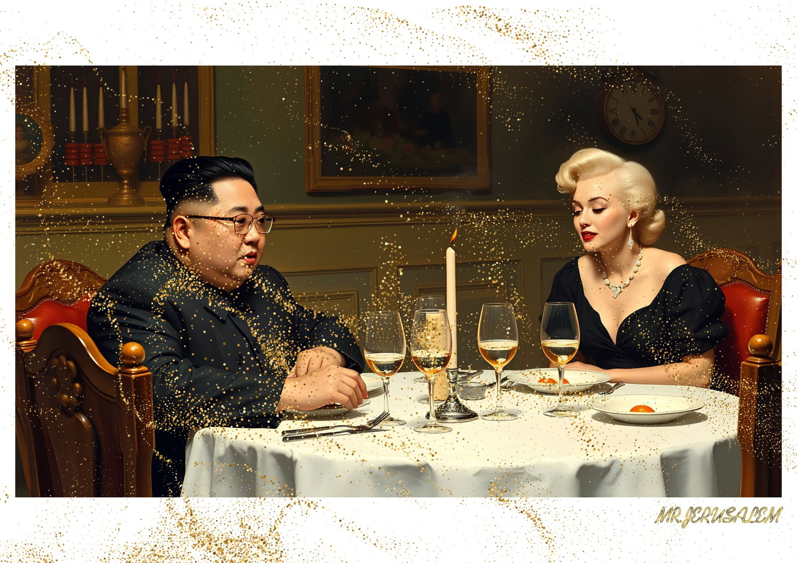 "Mr.Jerusalem, "Kim Jong-il having dinner with Marilyn Monroe-D1" "Original, A2 Poster print, : Original A2 Poster Digital print on paper, Solid Finishing: Classic (250 gsm gloss) Artist Digital signature Stamped / seal Watermark seal Sizes- 420 X594mm Sold unframed