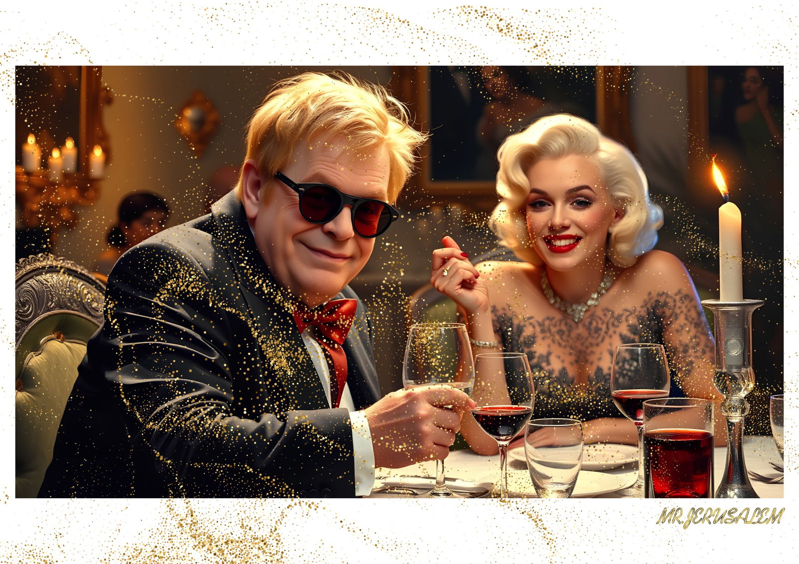 "Mr.Jerusalem, "Elton John having dinner with Marilyn Monroe-D1" "Original, A2 Poster print, s: Original A2 Poster Digital print on paper, Solid Finishing: Classic (250 gsm gloss) Artist Digital signature Stamped / seal Watermark seal Sizes- 420 X594mm Sold unframed