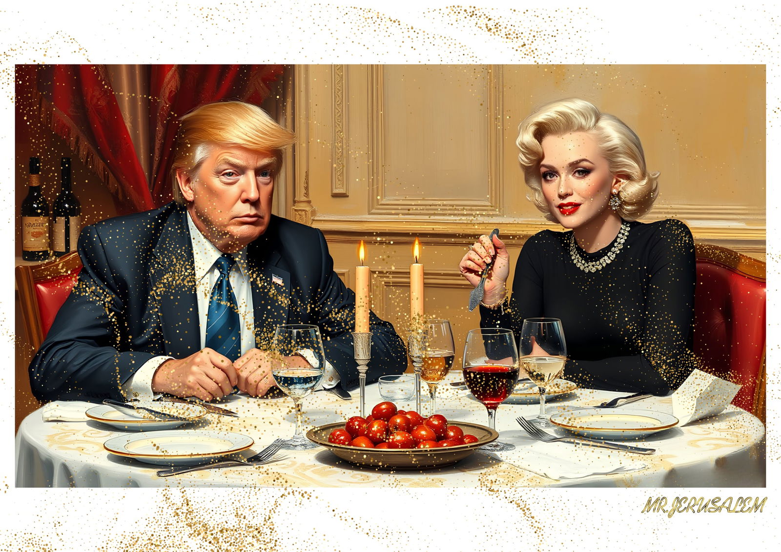 "Mr.Jerusalem, "Donald Trump having dinner with Marilyn Monroe-D2" "Original, A2 Poster print,: Original A2 Poster Digital print on paper, Solid Finishing: Classic (250 gsm gloss) Artist Digital signature Stamped / seal Watermark seal Sizes- 420 X594mm Sold unframed