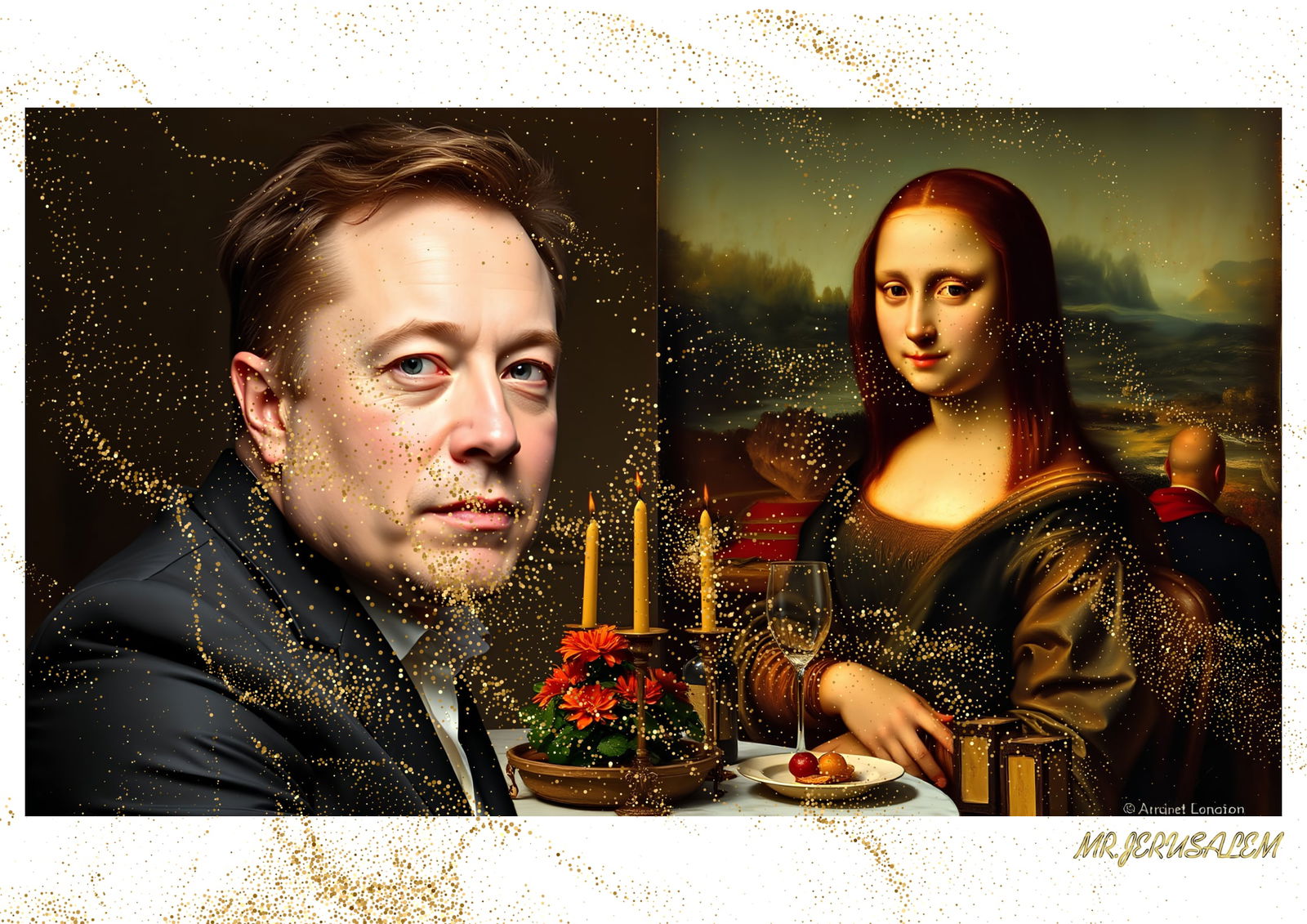 "Mr.Jerusalem, "Elon Musk having dinner with Mona Lisa-D1" "Original, A2 Poster print, stamped (1 of 2)