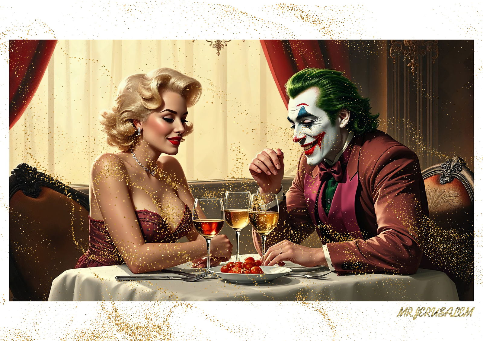 "Mr.Jerusalem, "Joker having dinner with Marilyn Monroe-D1" "Original, A2 Poster print, stampe: Original A2 Poster Digital print on paper, Solid Finishing: Classic (250 gsm gloss) Artist Digital signature Stamped / seal Watermark seal Sizes- 420 X594mm Sold unframed