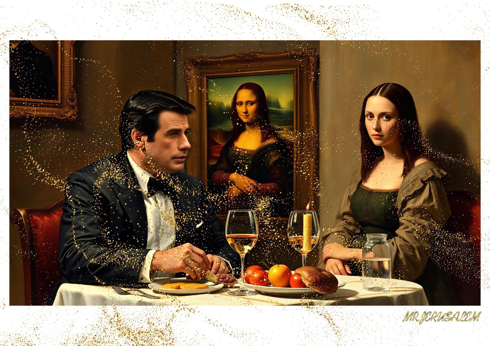 "Mr.Jerusalem, "John Travolta having dinner with Mona Lisa-D2" "Original, A2 Poster print, sta (1 of 2)