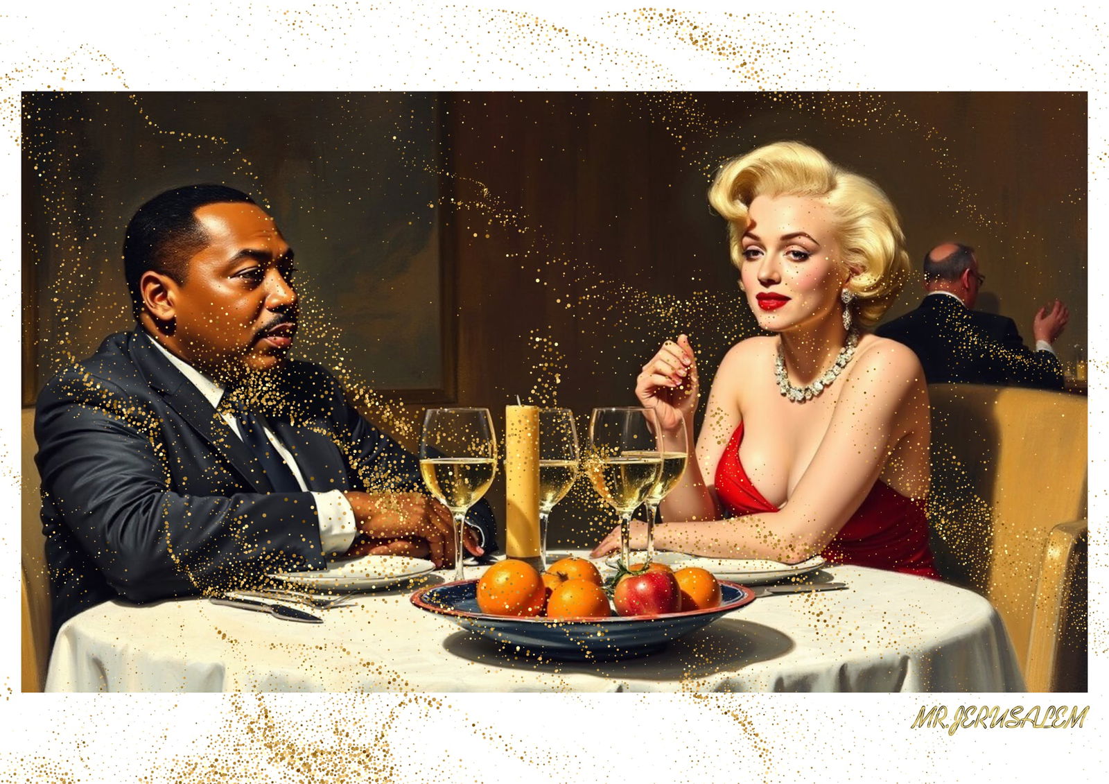 "Mr.Jerusalem, "Martin Luther King having dinner with Marilyn Monroe-D1" "Original, A2 Poster : Original A2 Poster Digital print on paper, Solid Finishing: Classic (250 gsm gloss) Artist Digital signature Stamped / seal Watermark seal Sizes- 420 X594mm Sold unframed