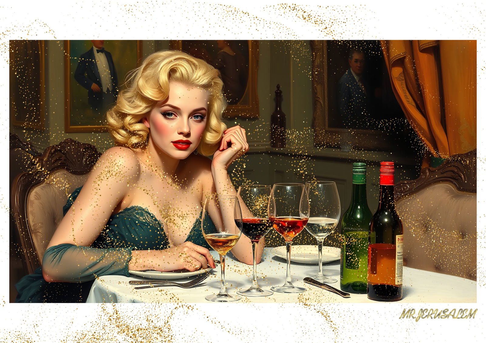 "Mr.Jerusalem, "Marilyn Monroe having dinner Alone-D1" "Original, A2 Poster print, stamped. Wa: Original A2 Poster Digital print on paper, Solid Finishing: Classic (250 gsm gloss) Artist Digital signature Stamped / seal Watermark seal Sizes- 420 X594mm Sold unframed
