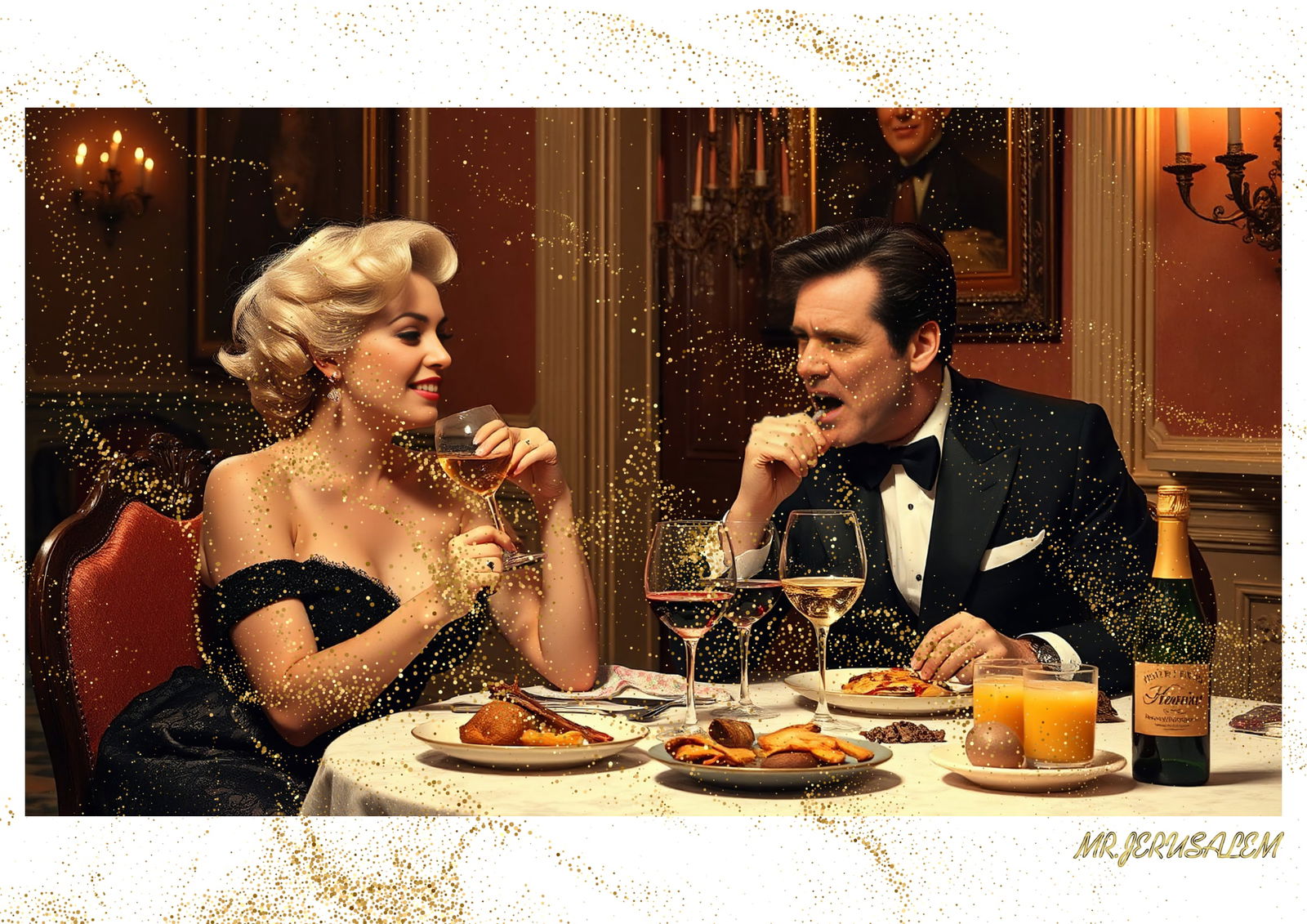 "Mr.Jerusalem, "Jim Carrey having dinner with Marilyn Monroe-D1" "Original, A2 Poster print, s: Original A2 Poster Digital print on paper, Solid Finishing: Classic (250 gsm gloss) Artist Digital signature Stamped / seal Watermark seal Sizes- 420 X594mm Sold unframed