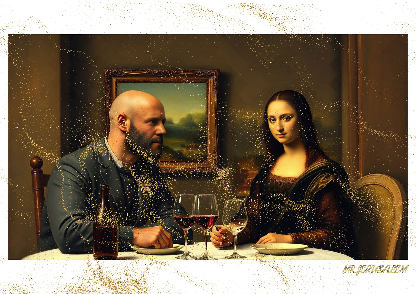 "Mr.Jerusalem, "Jason Statham having dinner with Mona Lisa-D2" "Original, A2 Poster print, sta: Original A2 Poster Digital print on paper, Solid Finishing: Classic (250 gsm gloss) Artist Digital signature Stamped / seal Watermark seal Sizes- 420 X594mm Sold unframed
