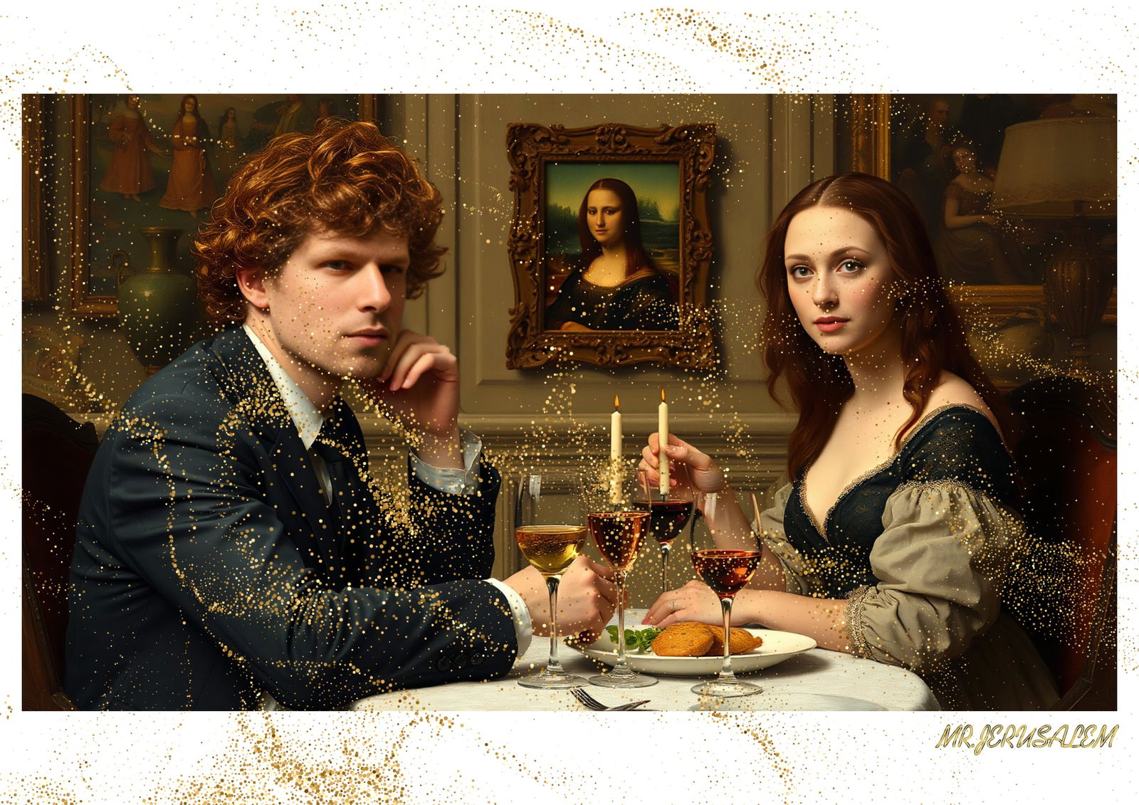 "Mr.Jerusalem, "Jesse Eisenberg having dinner with Mona Lisa-D1" "Original, A2 Poster print, s: Original A2 Poster Digital print on paper, Solid Finishing: Classic (250 gsm gloss) Artist Digital signature Stamped / seal Watermark seal Sizes- 420 X594mm Sold unframed
