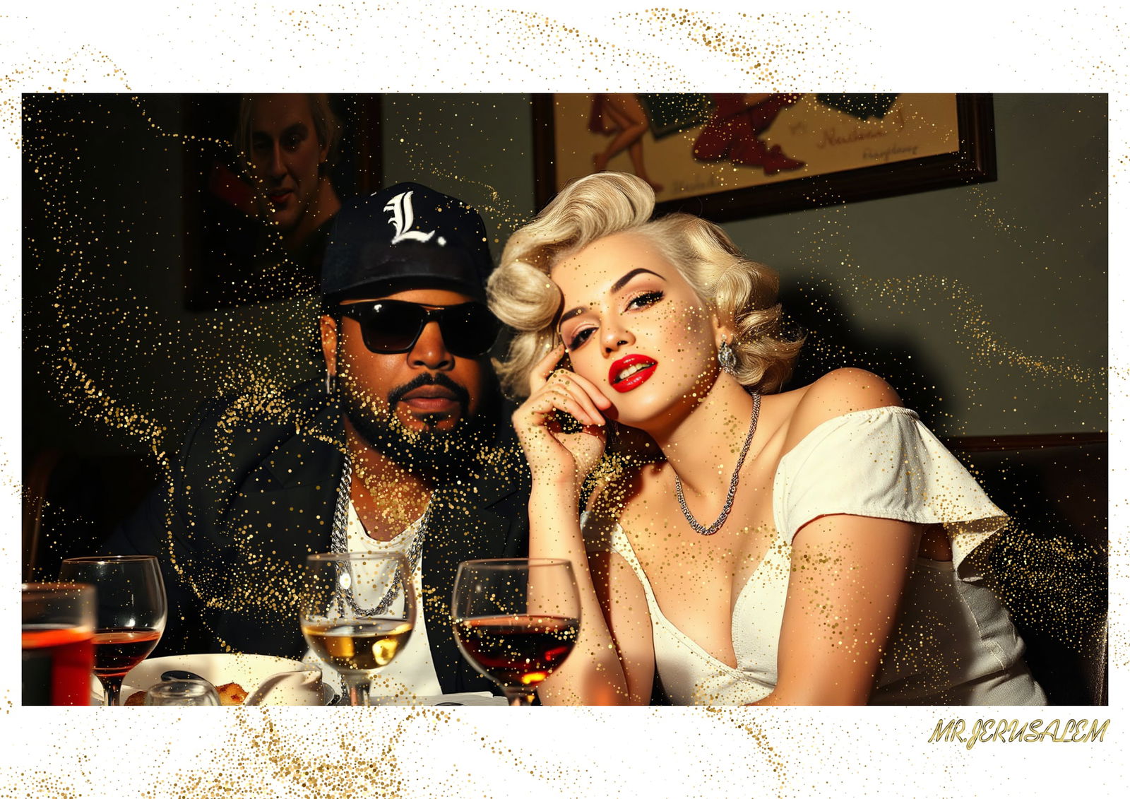 "Mr.Jerusalem, "Ice Cube having dinner with Marilyn Monroe-D2" "Original, A2 Poster print, sta: Original A2 Poster Digital print on paper, Solid Finishing: Classic (250 gsm gloss) Artist Digital signature Stamped / seal Watermark seal Sizes- 420 X594mm Sold unframed