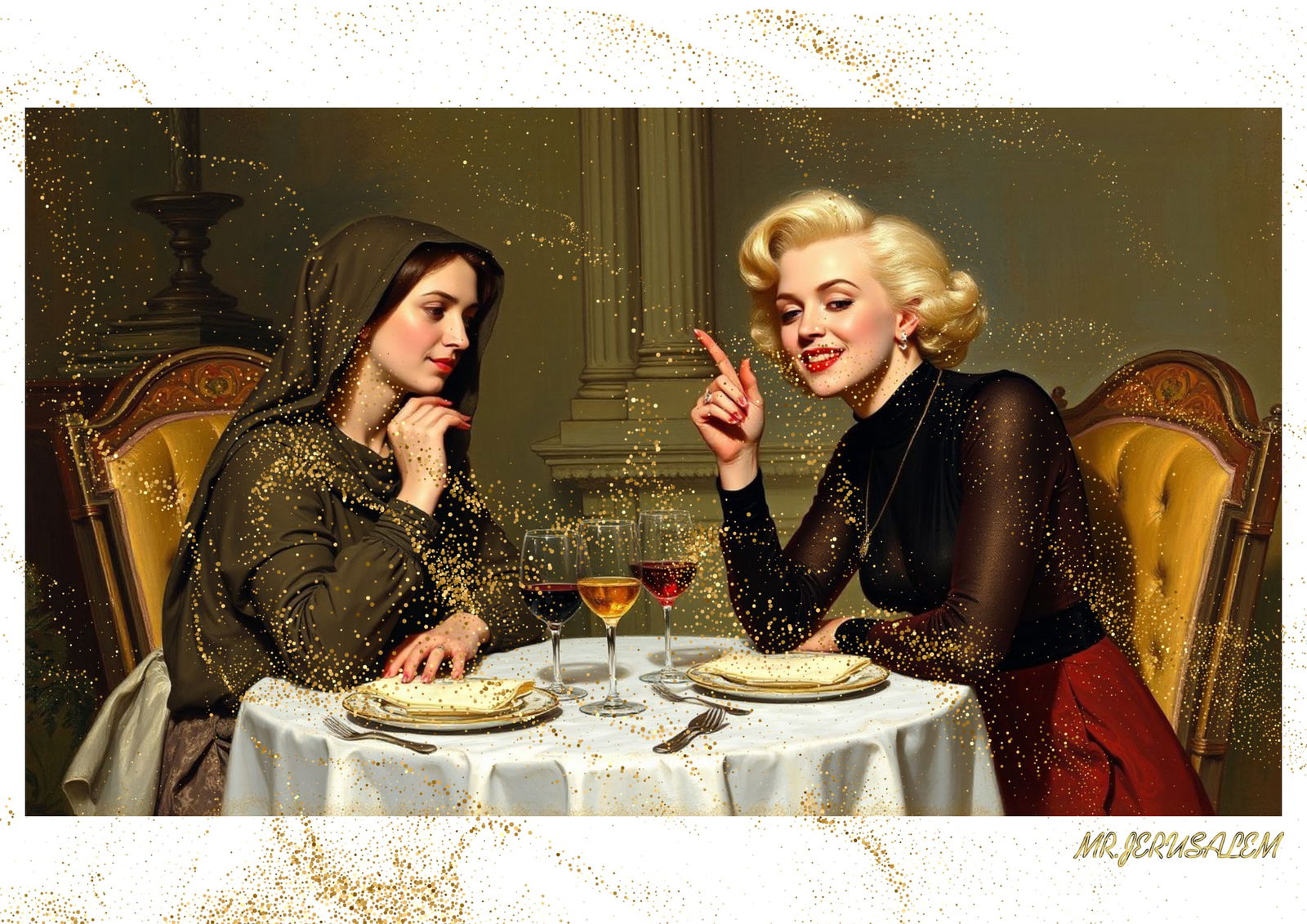 "Mr.Jerusalem, "Mary Madgalene having dinner with Marilyn Monroe-D1" "Original, A2 Poster prin: Original A2 Poster Digital print on paper, Solid Finishing: Classic (250 gsm gloss) Artist Digital signature Stamped / seal Watermark seal Sizes- 420 X594mm Sold unframed