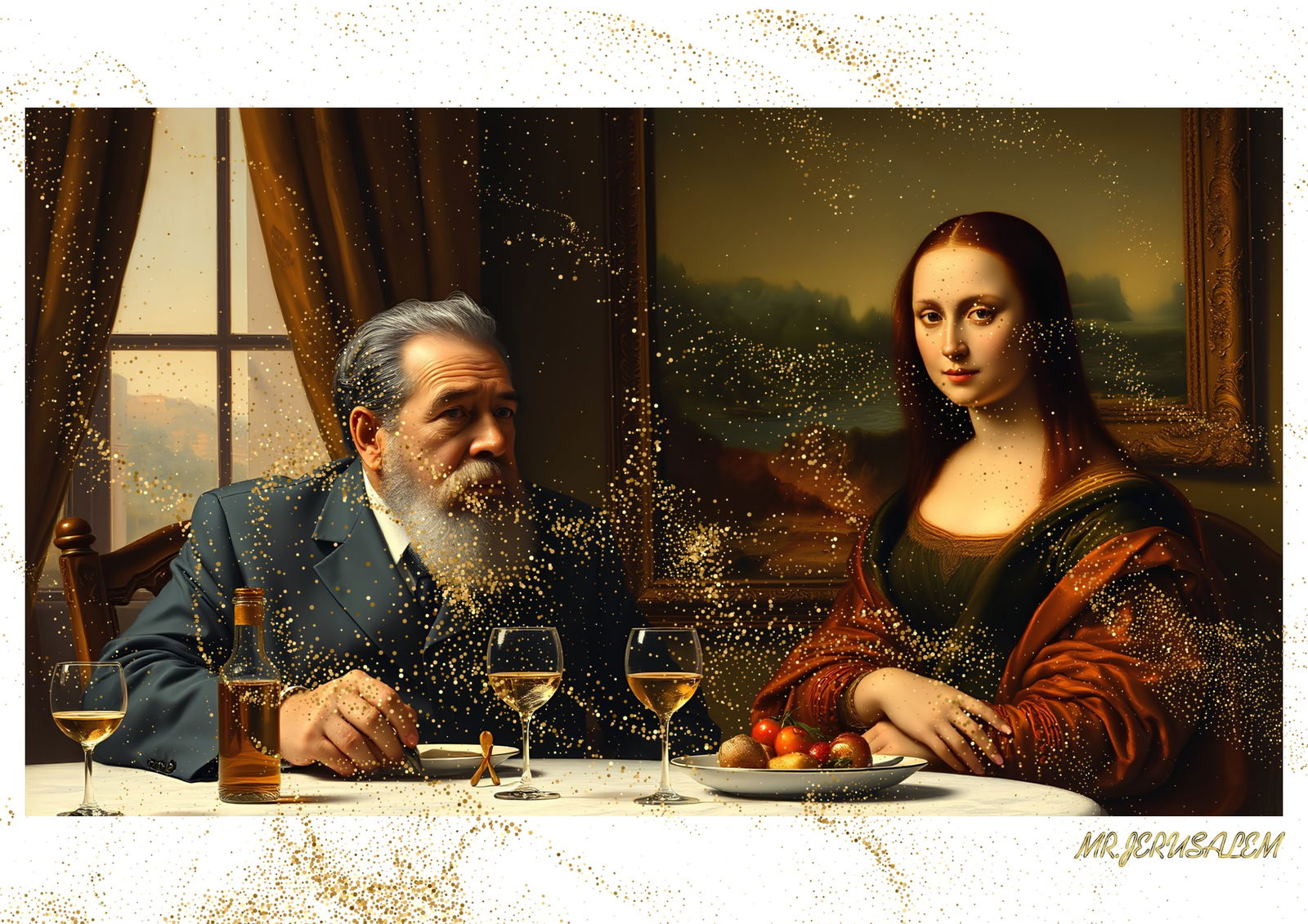 "Mr.Jerusalem, "Fidel Castro having dinner with Mona Lisa-D1" "Original, A2 Poster print, stam: Original A2 Poster Digital print on paper, Solid Finishing: Classic (250 gsm gloss) Artist Digital signature Stamped / seal Watermark seal Sizes- 420 X594mm Sold unframed